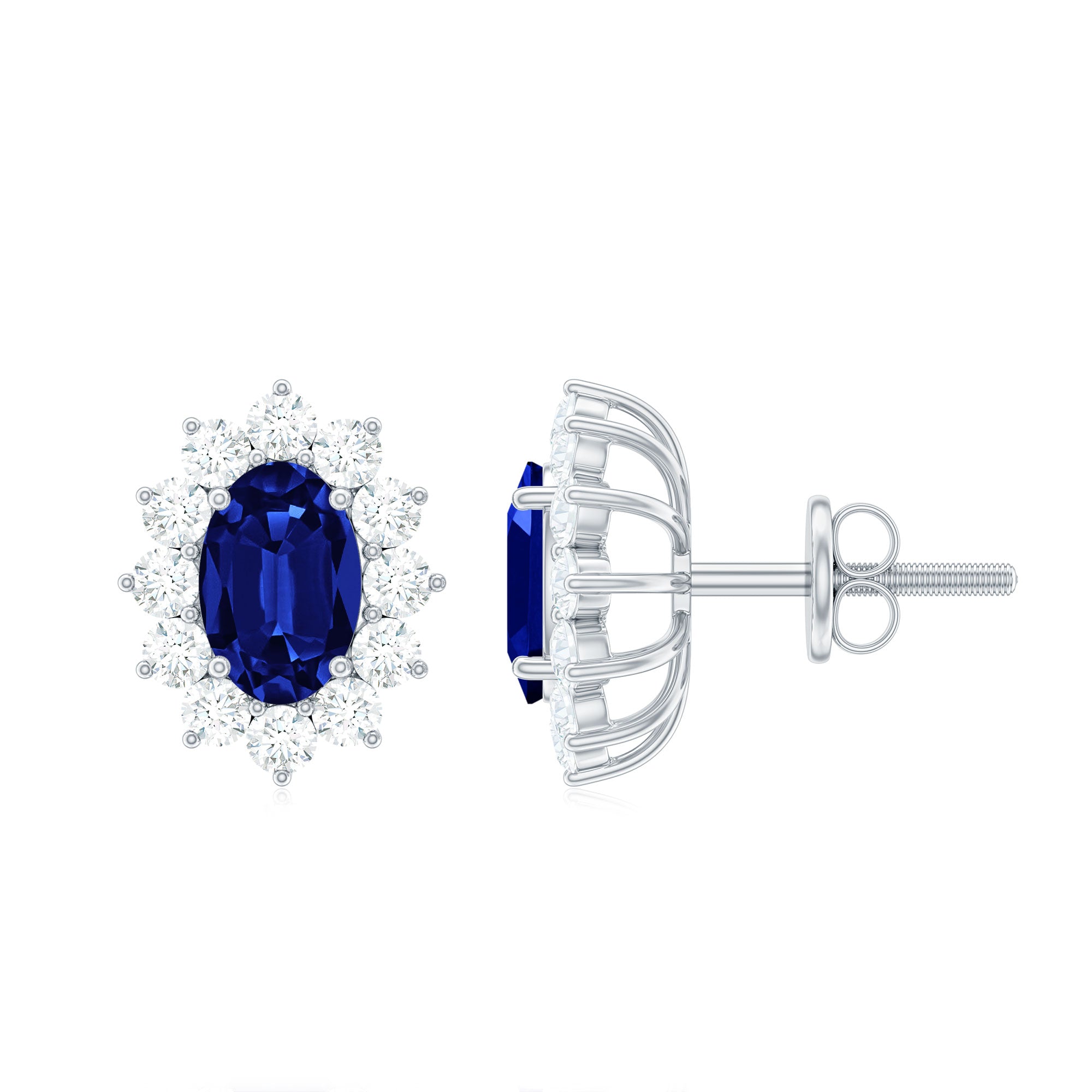 Oval Cut Created Blue Sapphire and Diamond Sunburst Stud Earrings Lab Created Blue Sapphire - ( AAAA ) - Quality - Rosec Jewels