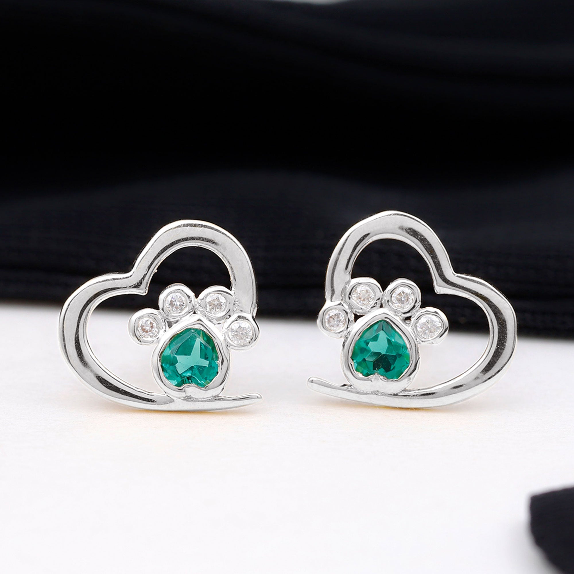 1/4 CT Created Emerald and Moissanite Silver Heart Paw Stud Earrings Lab Created Emerald - ( AAAA ) - Quality 92.5 Sterling Silver - Rosec Jewels