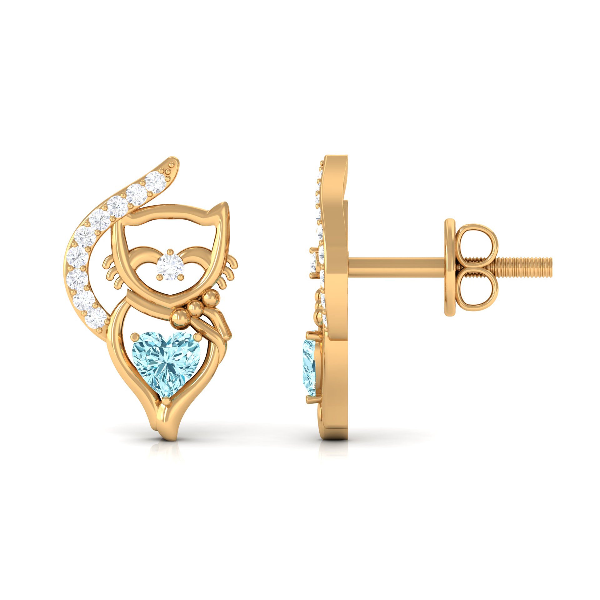 1/2 CT Heart Shape Aquamarine Cat Stud Earrings with Diamond Aquamarine - ( AAA ) - Quality - Rosec Jewels