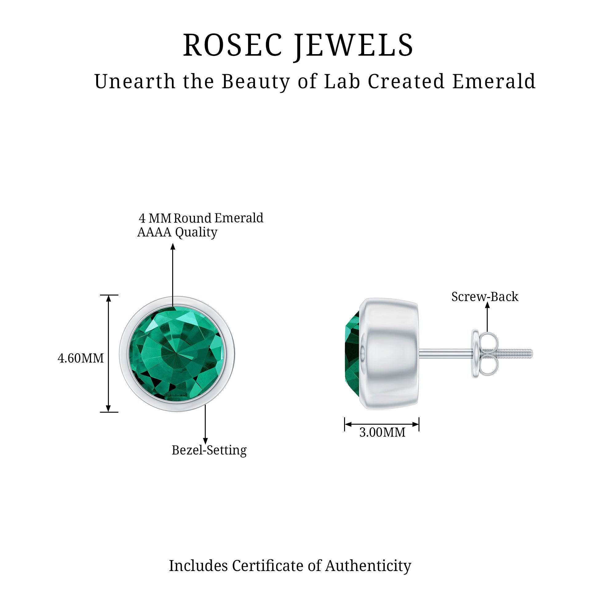 Round Shape Created Emerald Solitaire Stud Earrings in Bezel Setting Lab Created Emerald - ( AAAA ) - Quality - Rosec Jewels