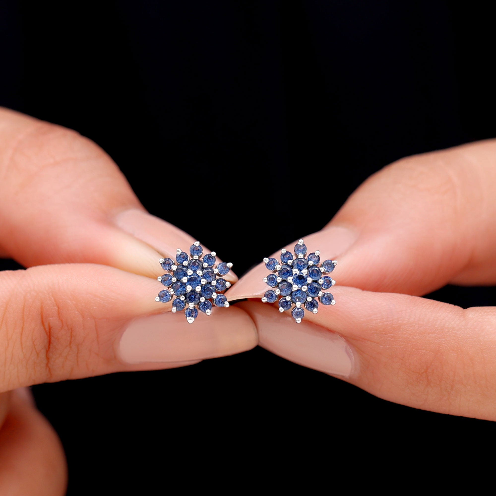 Flower Inspired Lab Grown Blue Sapphire Cluster Stud Earrings Lab Created Blue Sapphire - ( AAAA ) - Quality 92.5 Sterling Silver - Rosec Jewels