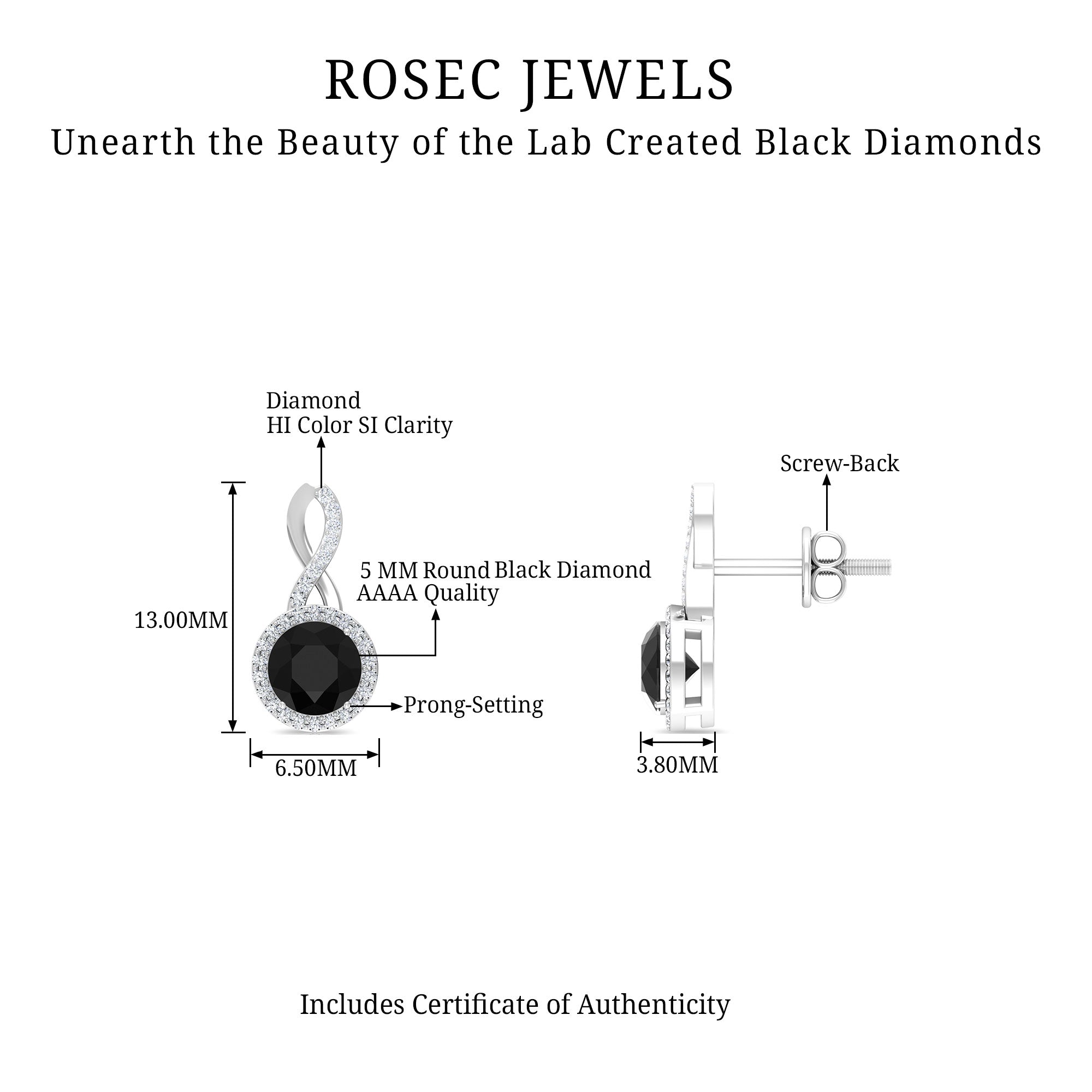 Lab Grown Black Diamond Minimal Infinity Stud Earrings with Diamond Lab Created Black Diamond - ( AAAA ) - Quality - Rosec Jewels