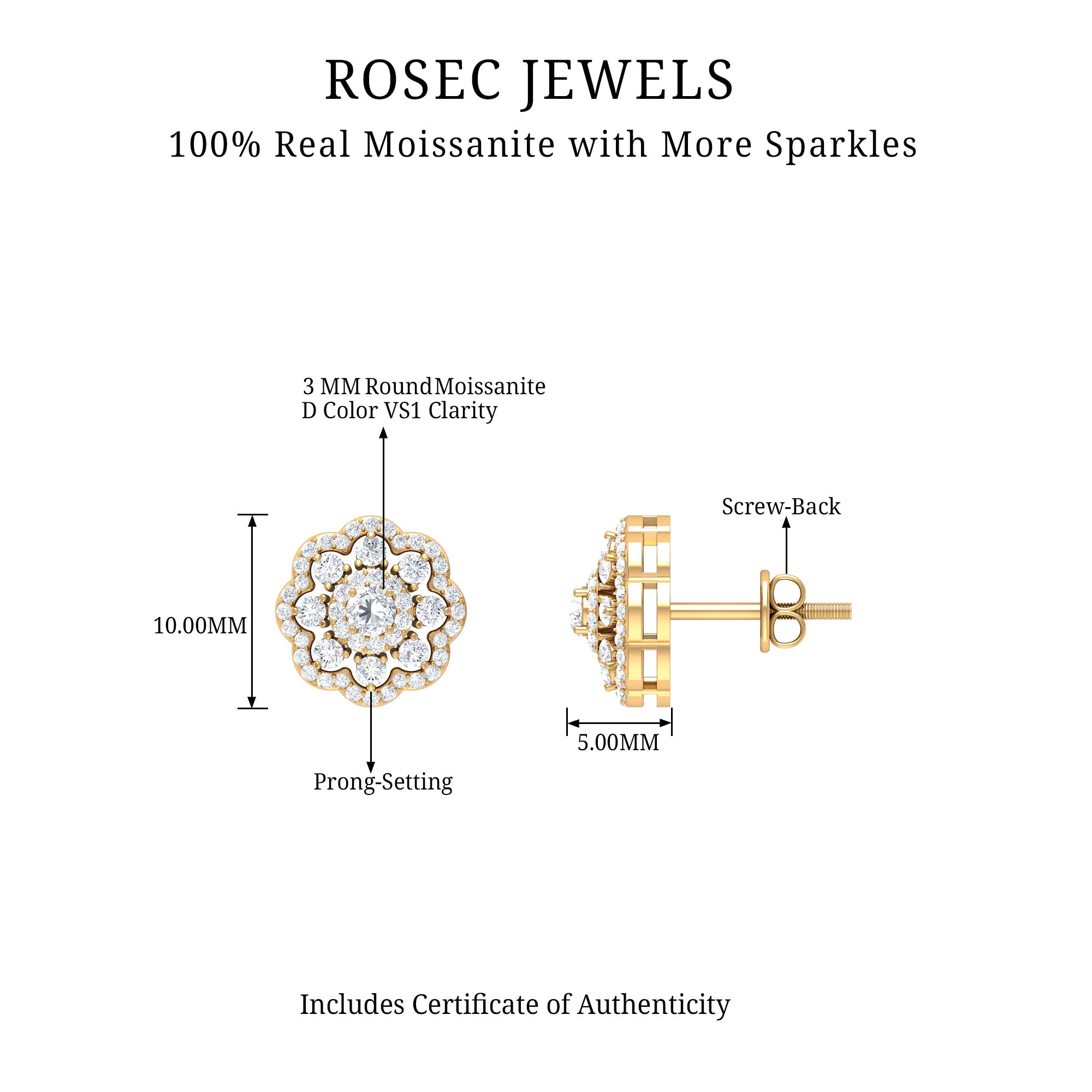 1 CT Certified Moissanite Flower Stud Earrings Moissanite - ( D-VS1 ) - Color and Clarity - Rosec Jewels