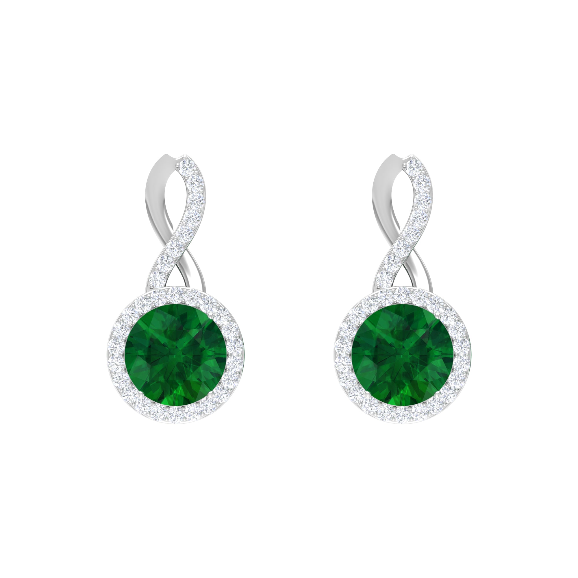 Round Emerald and Diamond Infinity Stud Earrings Emerald - ( AAA ) - Quality - Rosec Jewels