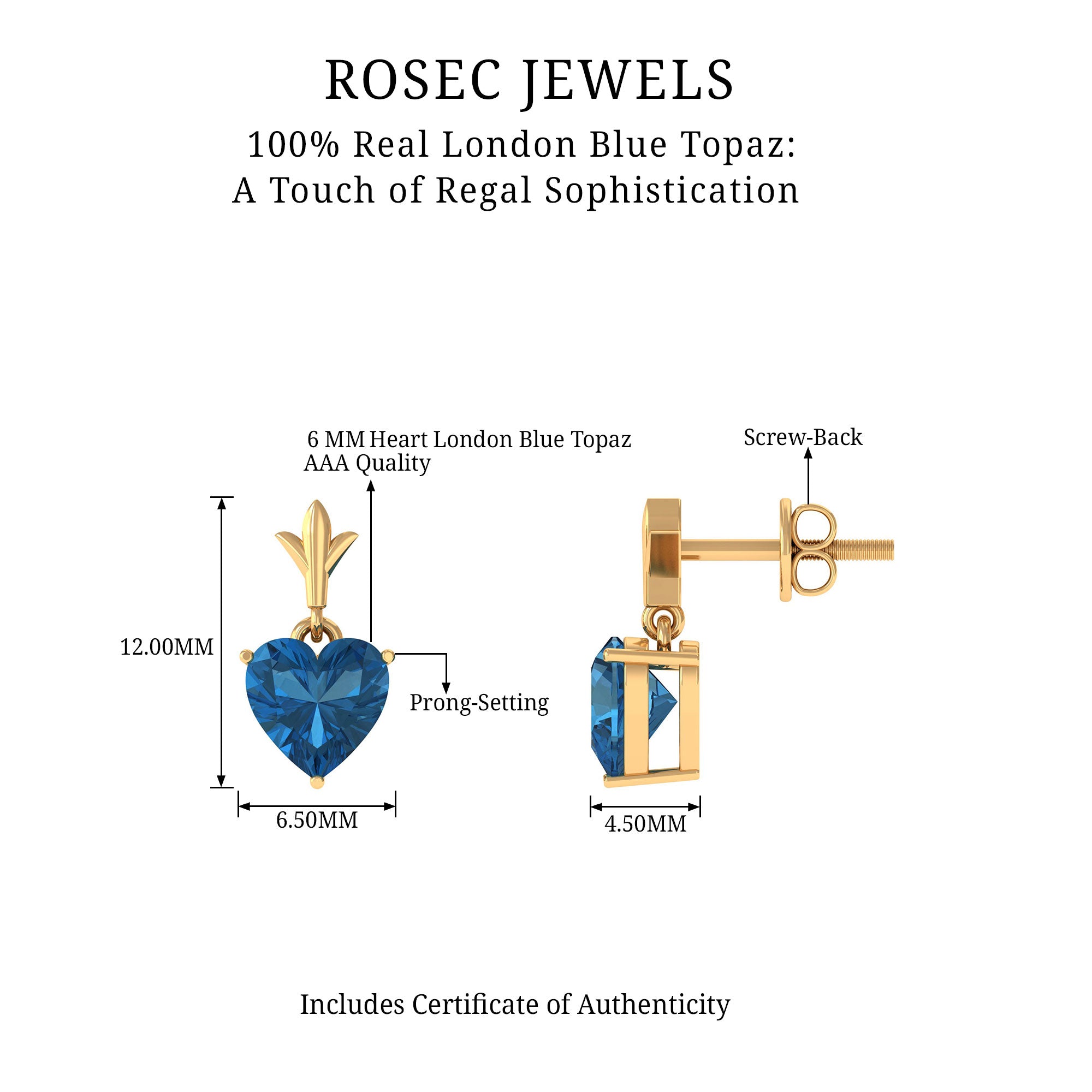 6 MM Heart Shape London Blue Topaz Drop Stud Earrings London Blue Topaz - ( AAA ) - Quality - Rosec Jewels