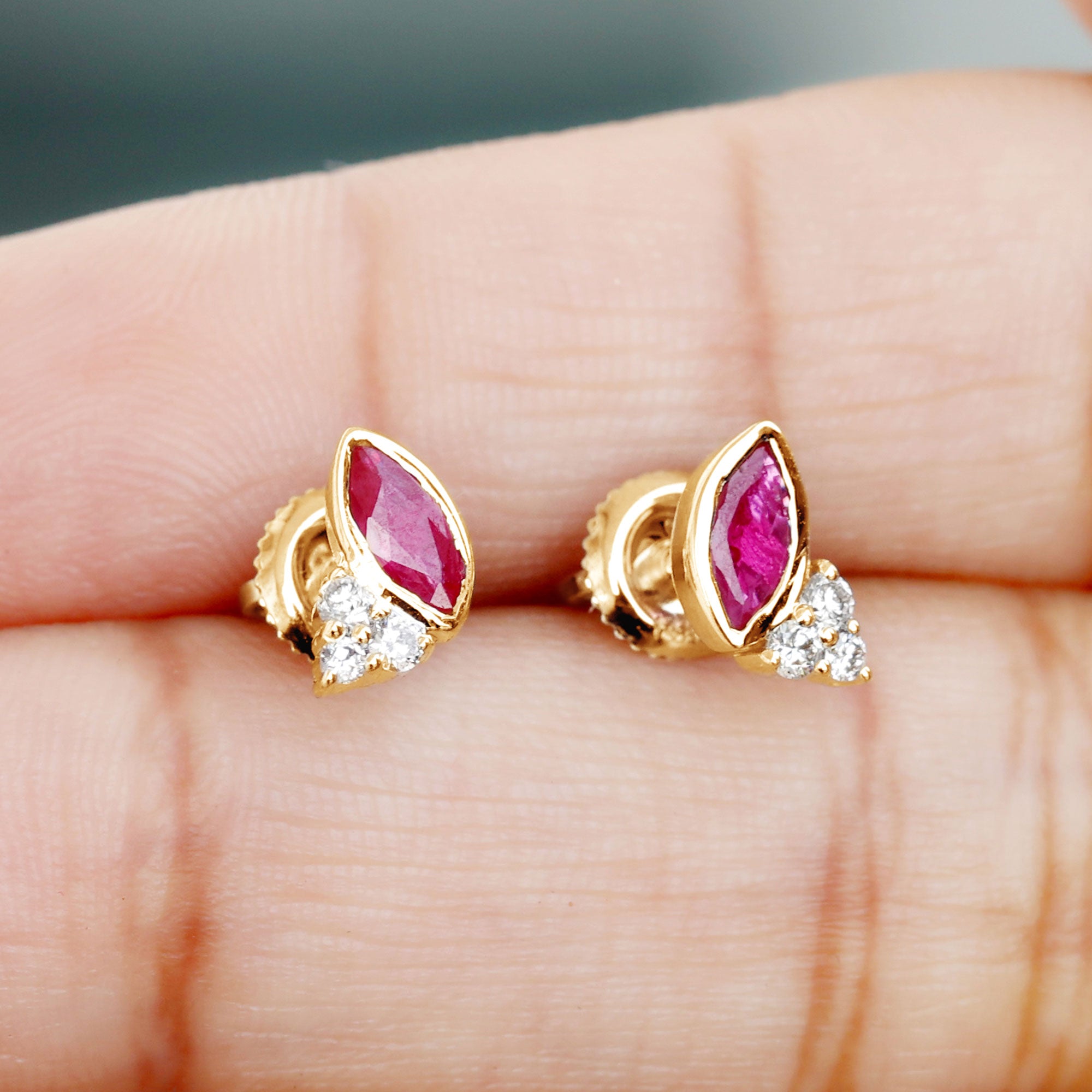 1 CT Marquise Cut Ruby Stud Earring with Trio Diamond Ruby - ( AAA ) - Quality - Rosec Jewels