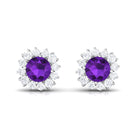 Natural Amethyst Classic Halo Stud Earring with Diamond Amethyst - ( AAA ) - Quality - Rosec Jewels