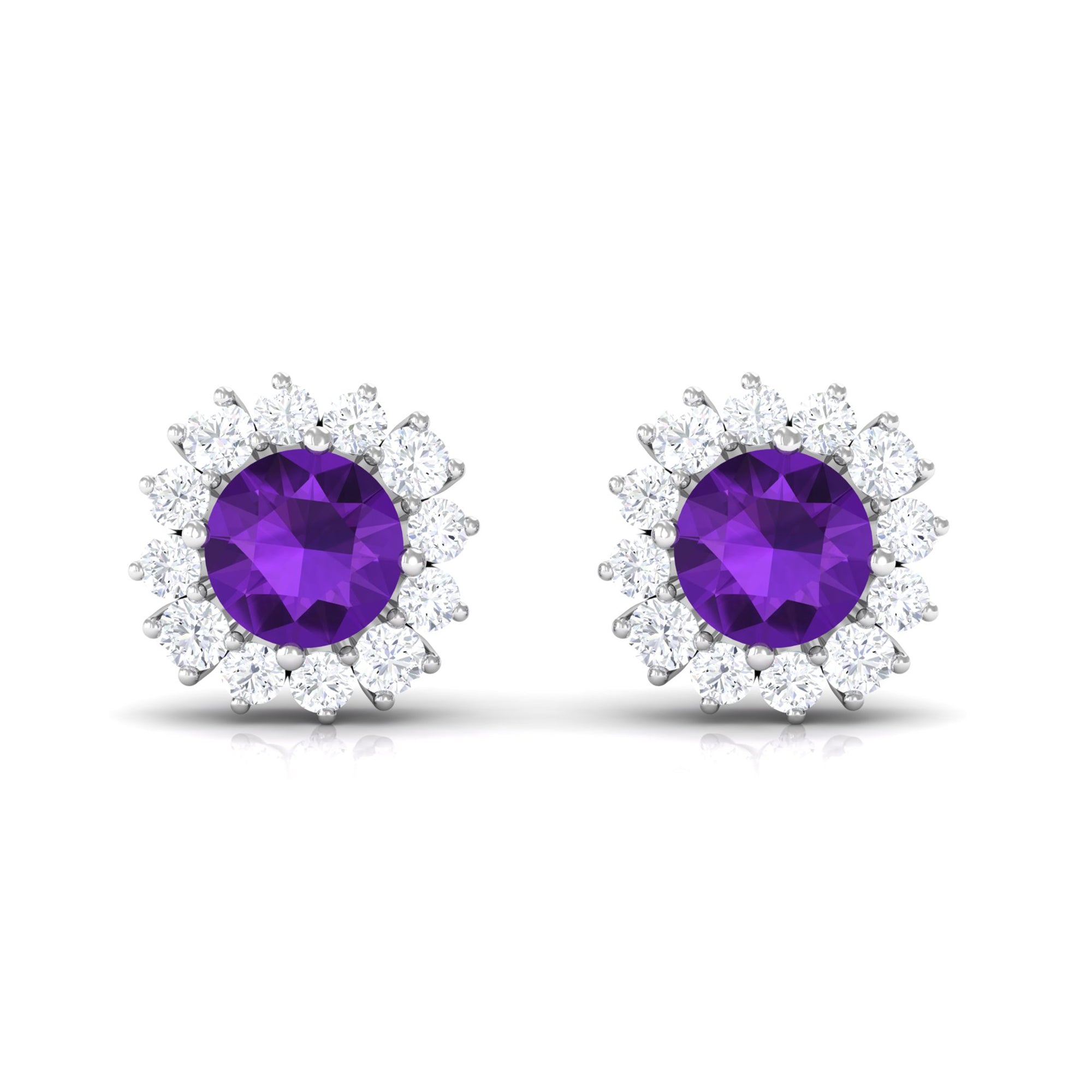 Natural Amethyst Classic Halo Stud Earring with Diamond Amethyst - ( AAA ) - Quality - Rosec Jewels