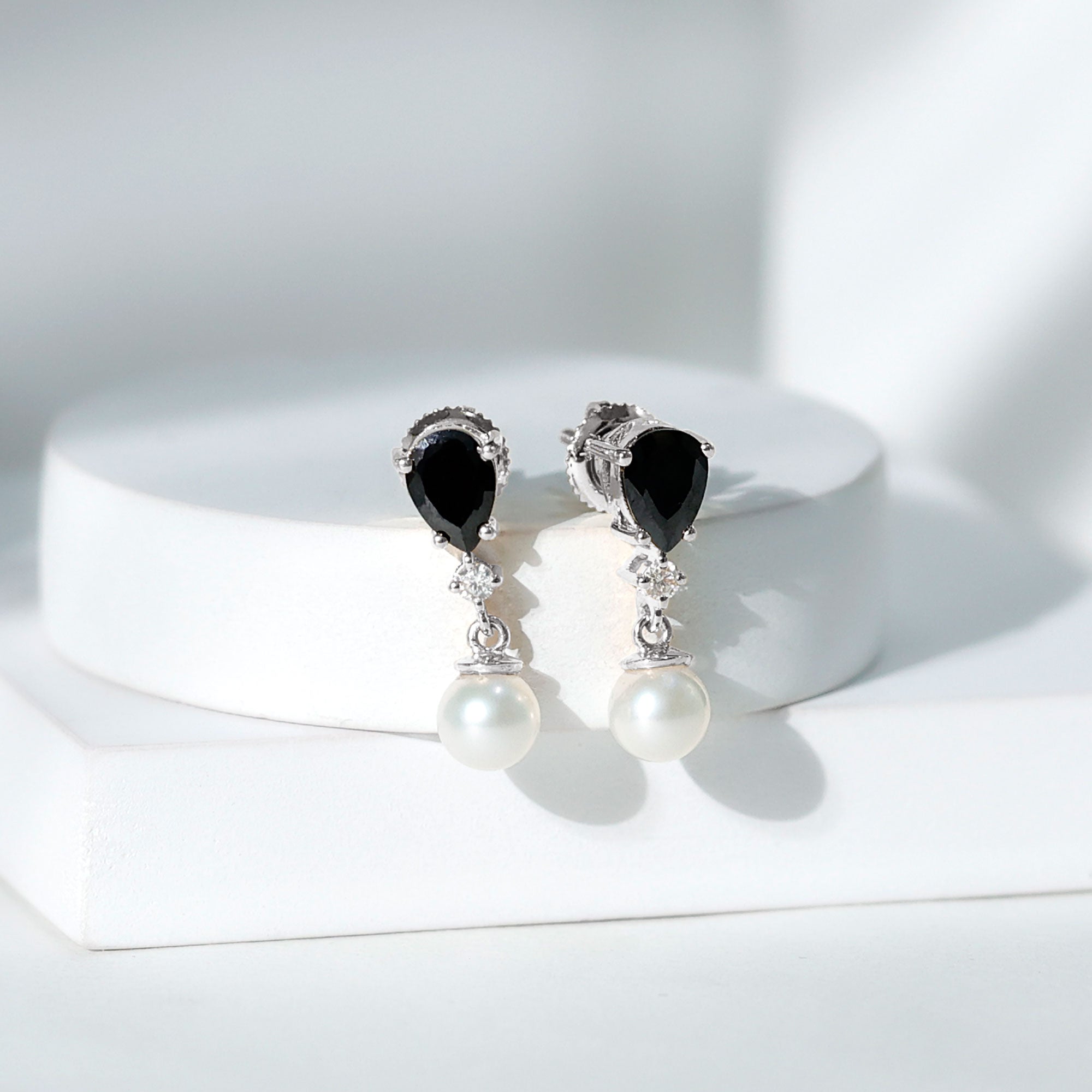 5.75 CT Freshwater Pearl Drop Earrings with Black Onyx and Moissanite Black Onyx - ( AAA ) - Quality - Rosec Jewels