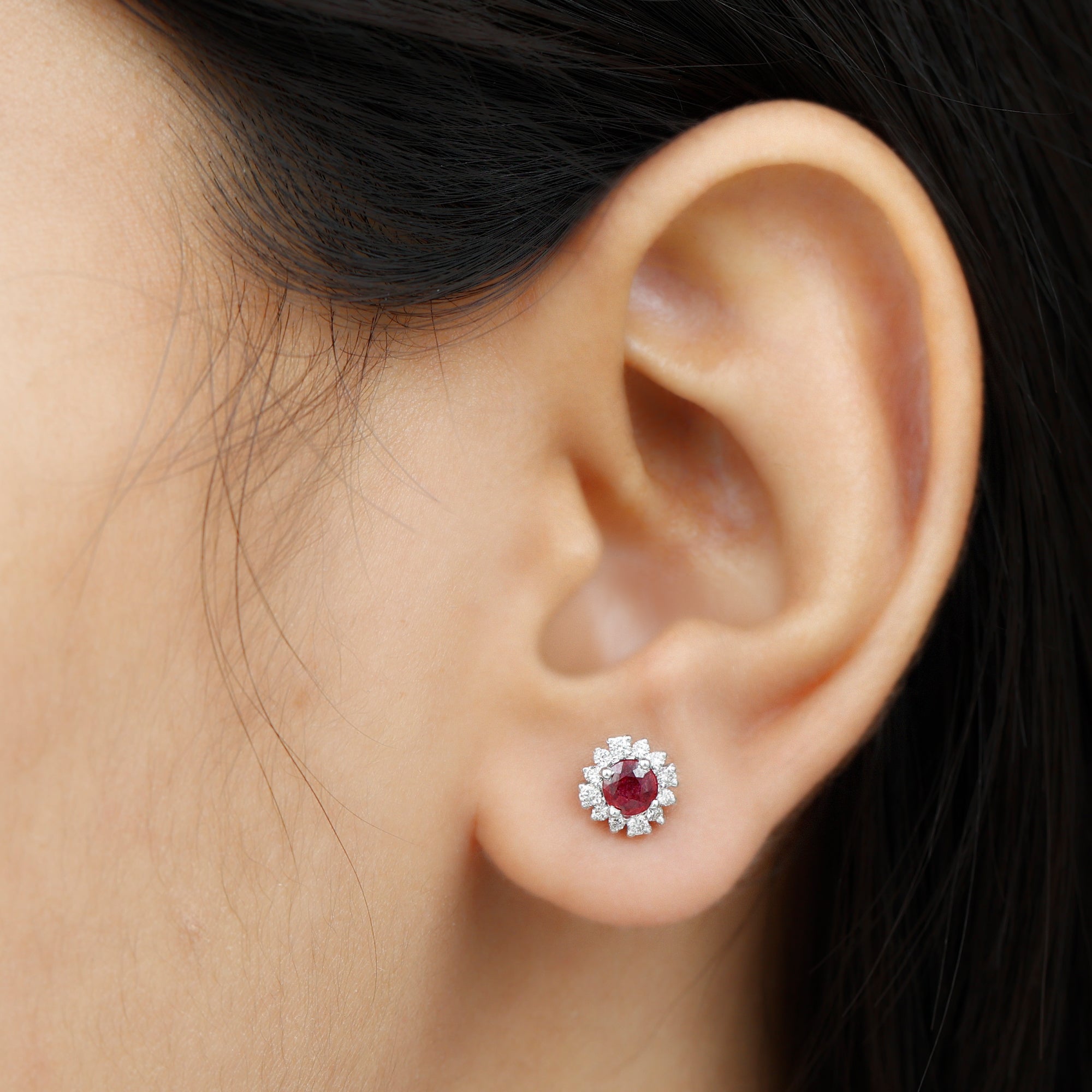 Classic Ruby Stud Earrings with Diamond Accent Ruby - ( AAA ) - Quality - Rosec Jewels