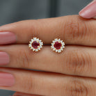 Classic Ruby Stud Earrings with Diamond Accent Ruby - ( AAA ) - Quality - Rosec Jewels