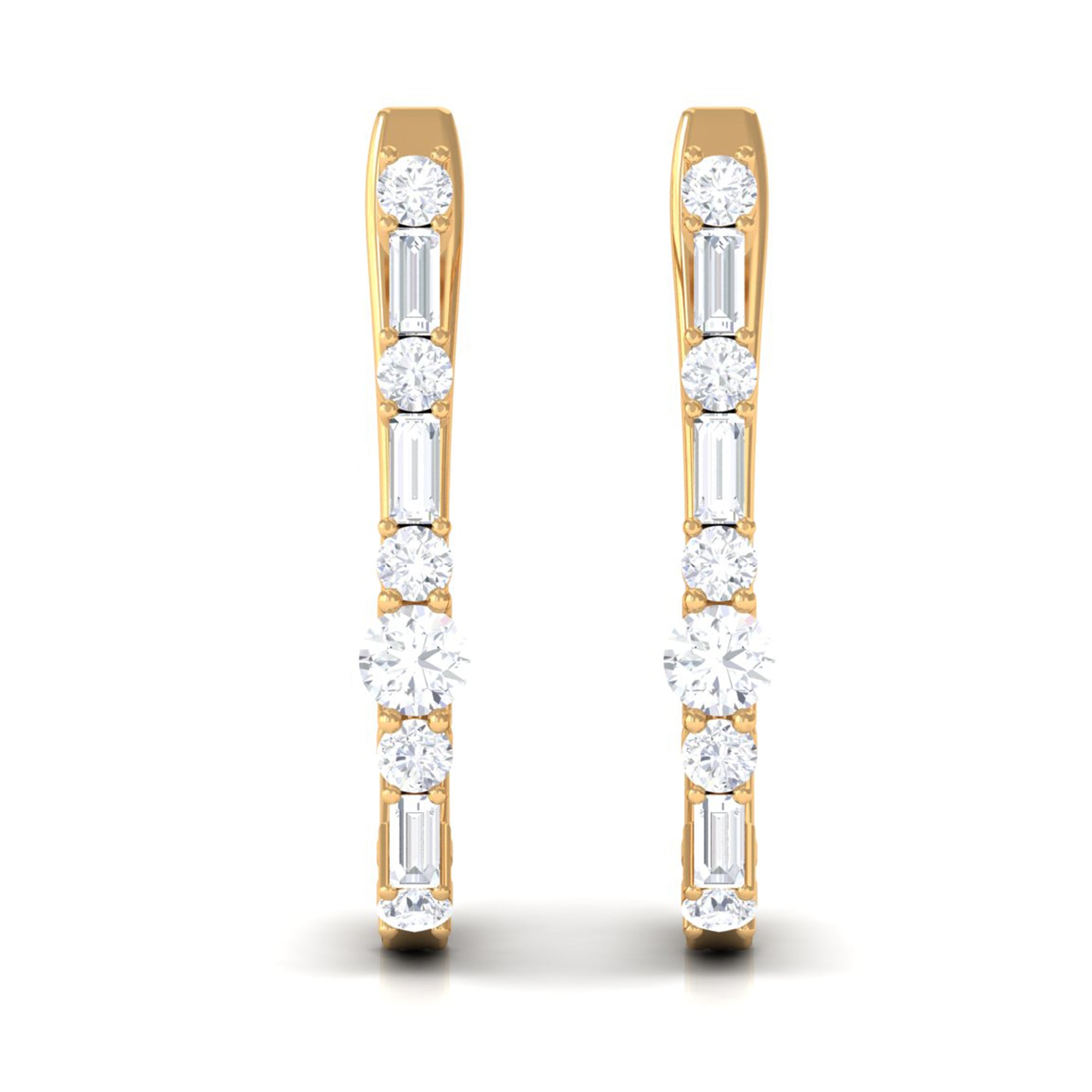 Baguette and Round Cut Diamond J Hoop Earrings Diamond - ( HI-SI ) - Color and Clarity - Rosec Jewels