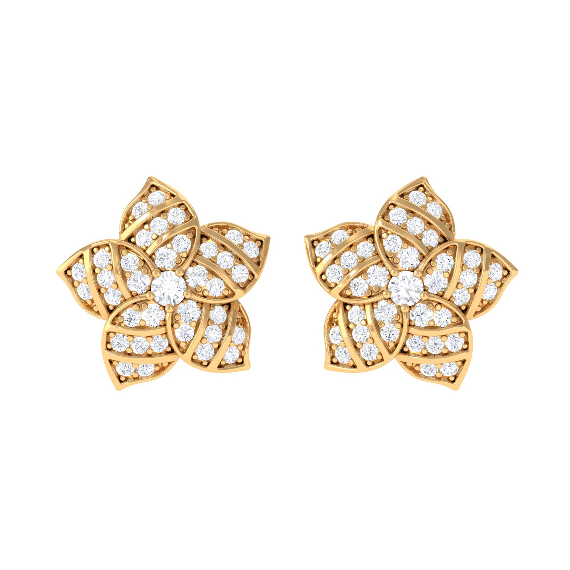 Real Diamond Statement Flower Stud Earrings in Gold Diamond - ( HI-SI ) - Color and Clarity - Rosec Jewels