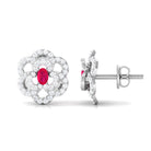 Flower Inspired Ruby and Diamond Statement Stud Earrings Ruby - ( AAA ) - Quality - Rosec Jewels