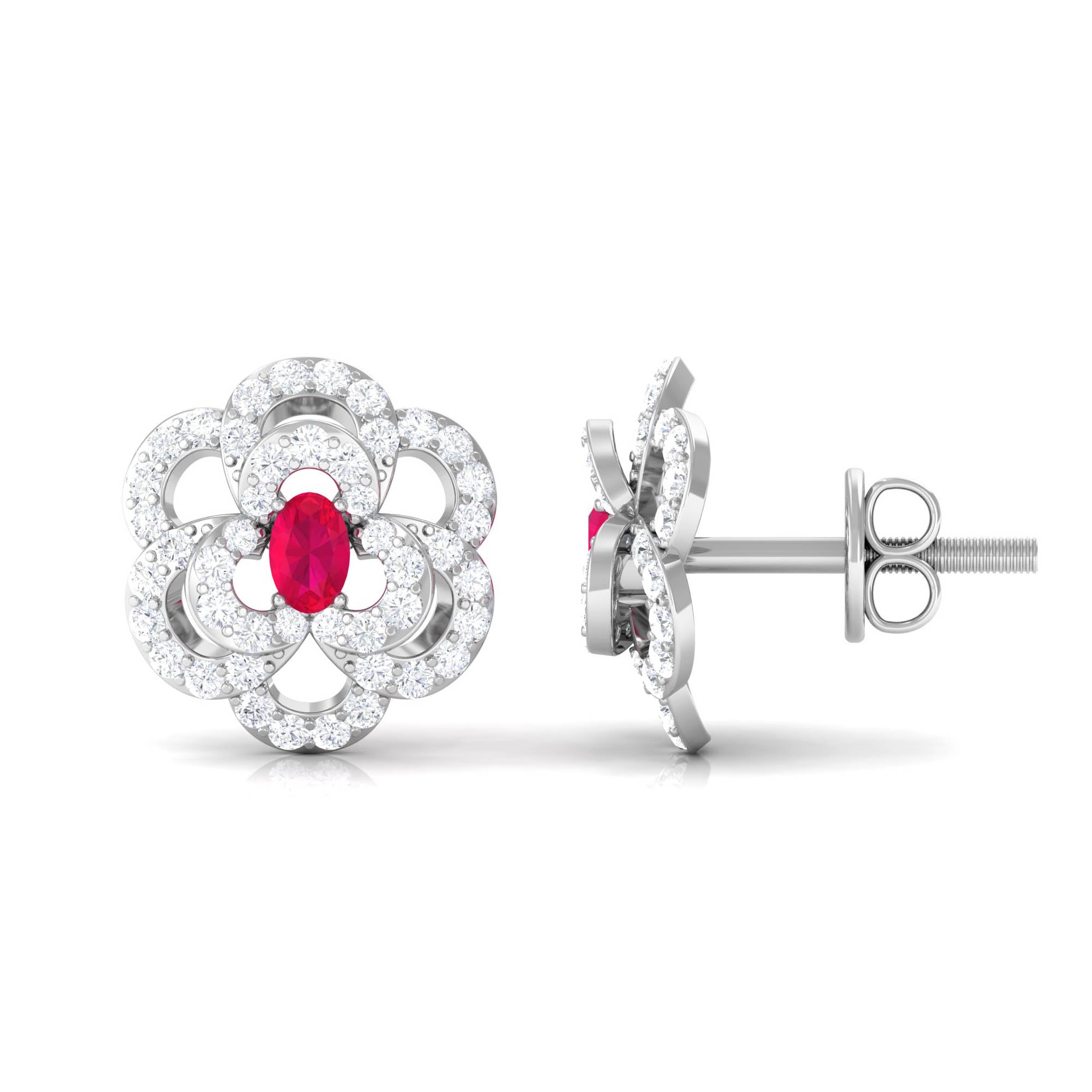 Flower Inspired Ruby and Diamond Statement Stud Earrings Ruby - ( AAA ) - Quality - Rosec Jewels