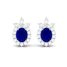 Floral Inspired Oval Created Blue Sapphire and Diamond Stud Earrings Lab Created Blue Sapphire - ( AAAA ) - Quality - Rosec Jewels