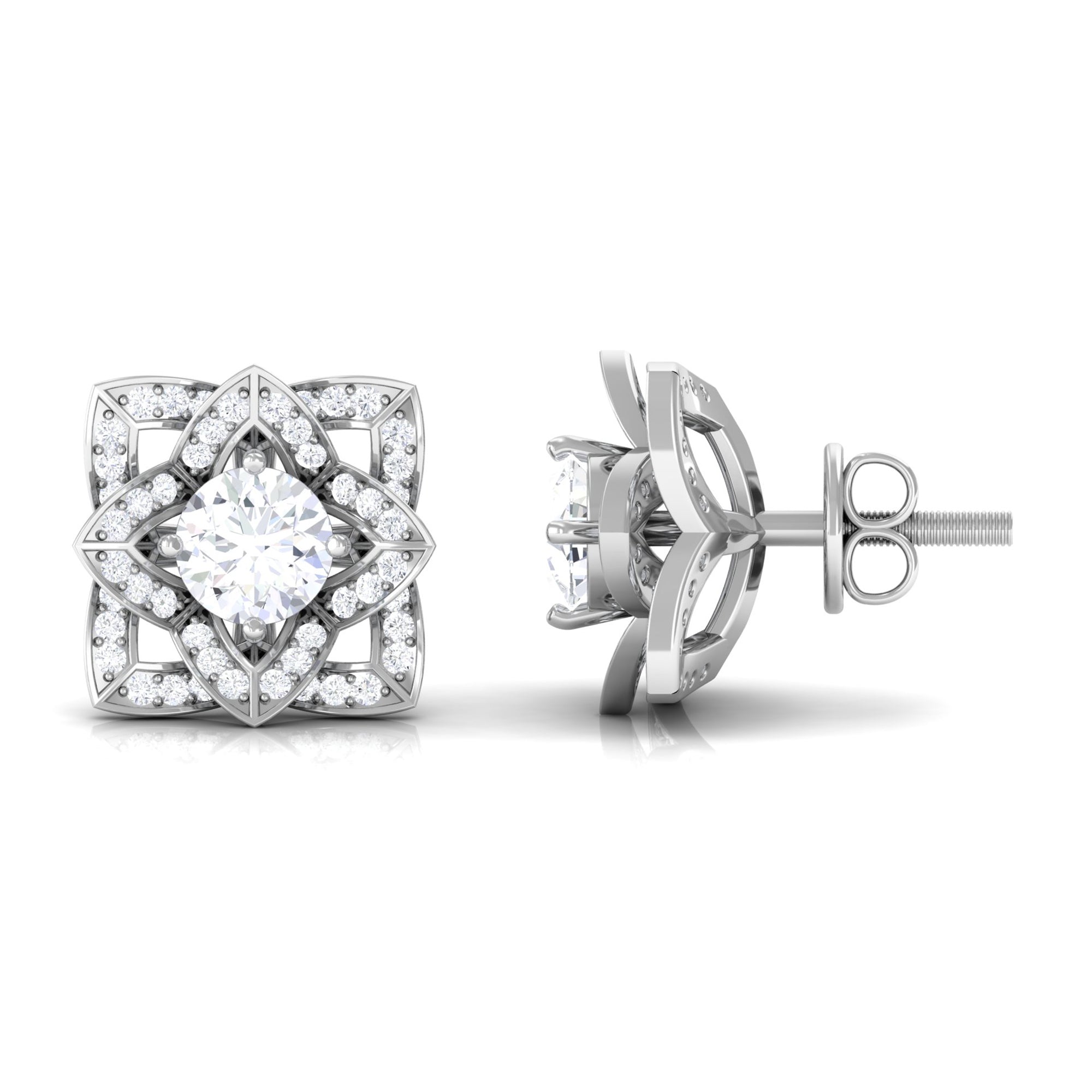 Flower Stud Earrings with Round Shape Diamond Diamond - ( HI-SI ) - Color and Clarity - Rosec Jewels