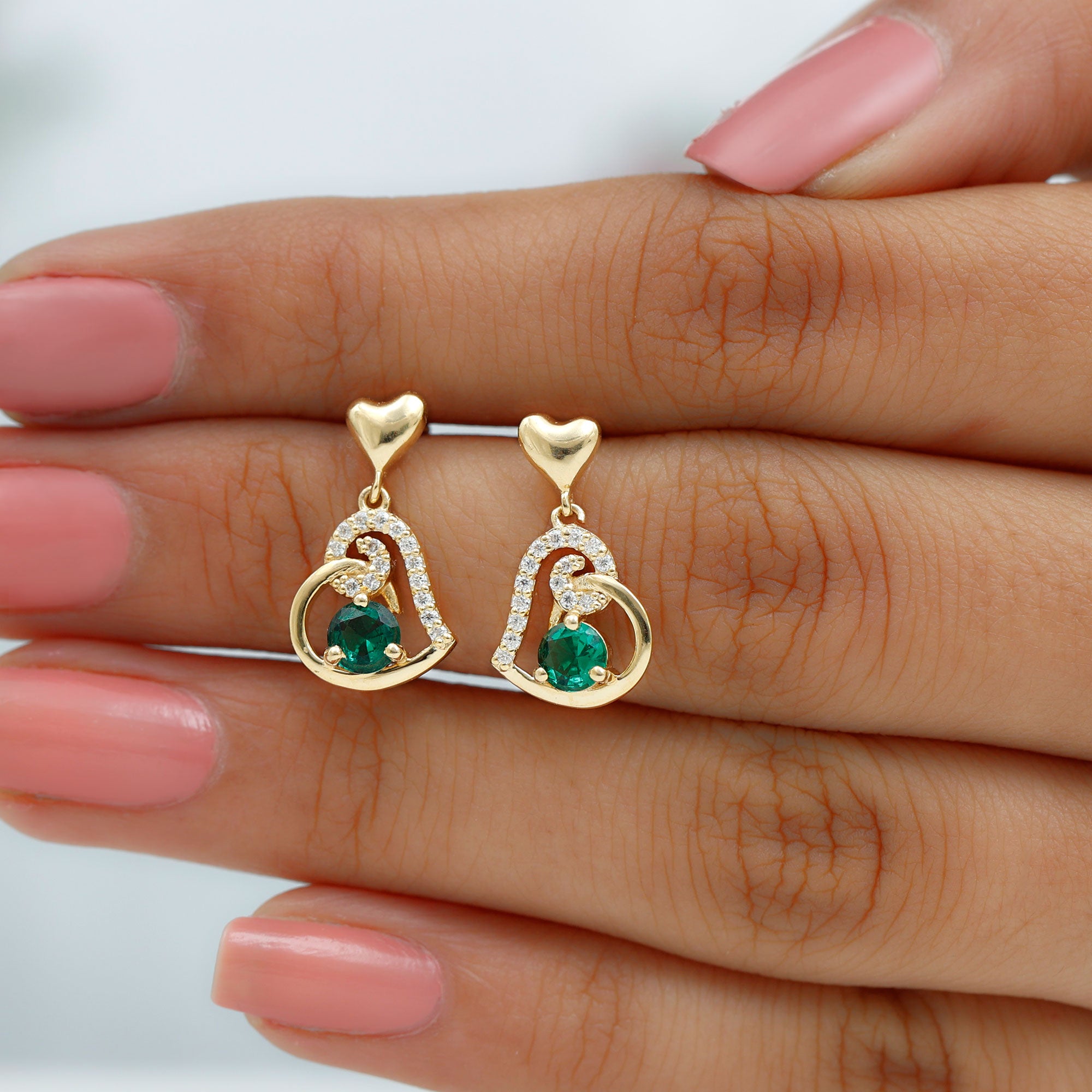 Created Emerald Heart Drop Earrings with Diamond Accent Lab Created Emerald - ( AAAA ) - Quality - Rosec Jewels