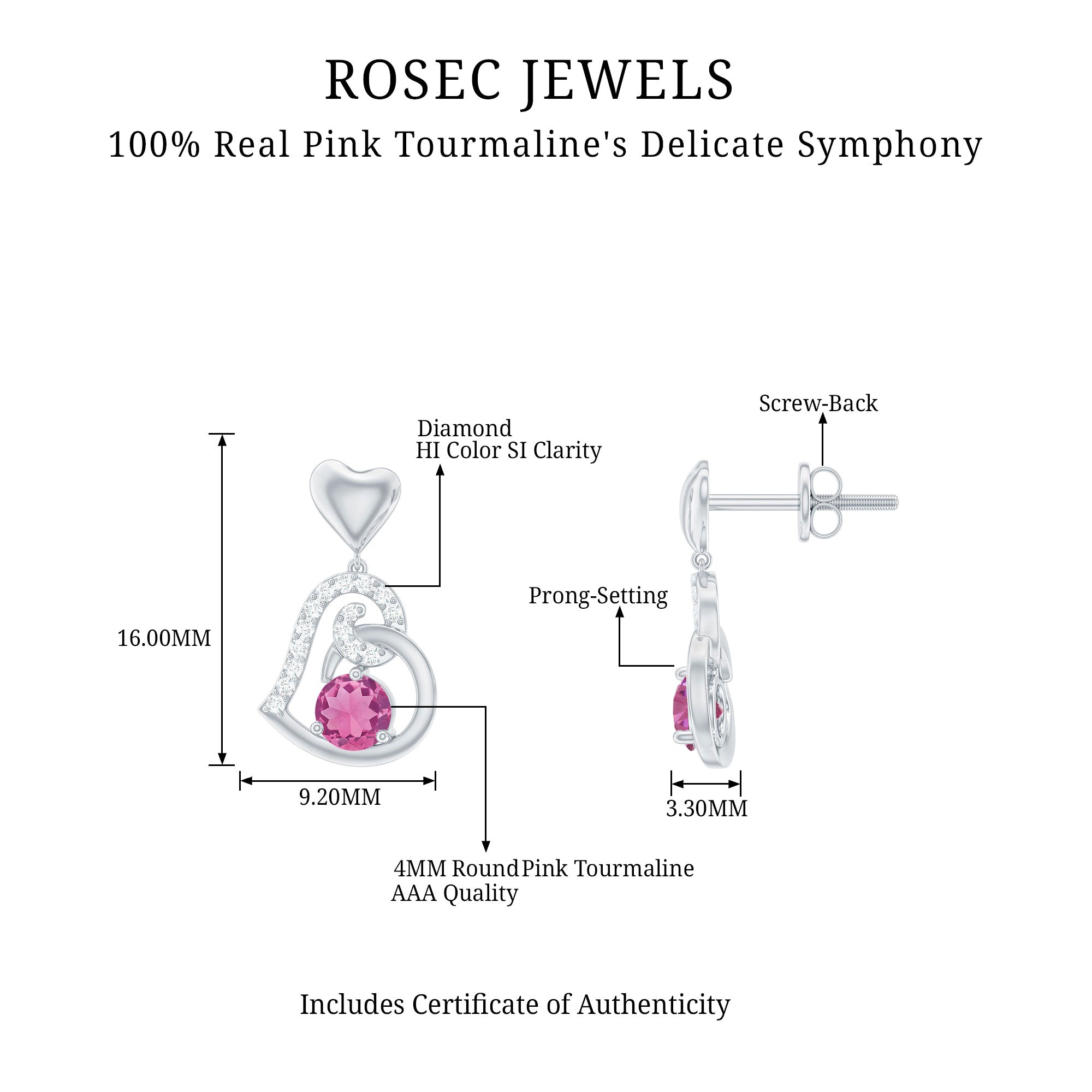 3/4 CT Pink Tourmaline and Diamond Heart Drop Earring Pink Tourmaline - ( AAA ) - Quality - Rosec Jewels