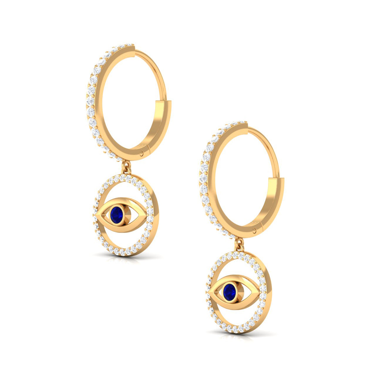 1 CT Blue Sapphire and Diamond Evil Eye Hoop Drop Earrings in Gold Blue Sapphire - ( AAA ) - Quality - Rosec Jewels