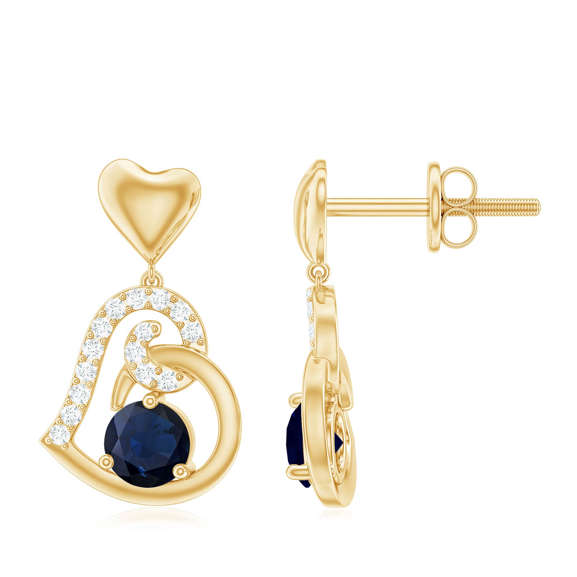 Blue Sapphire and Diamond Accent Heart Drop Earring Blue Sapphire - ( AAA ) - Quality - Rosec Jewels