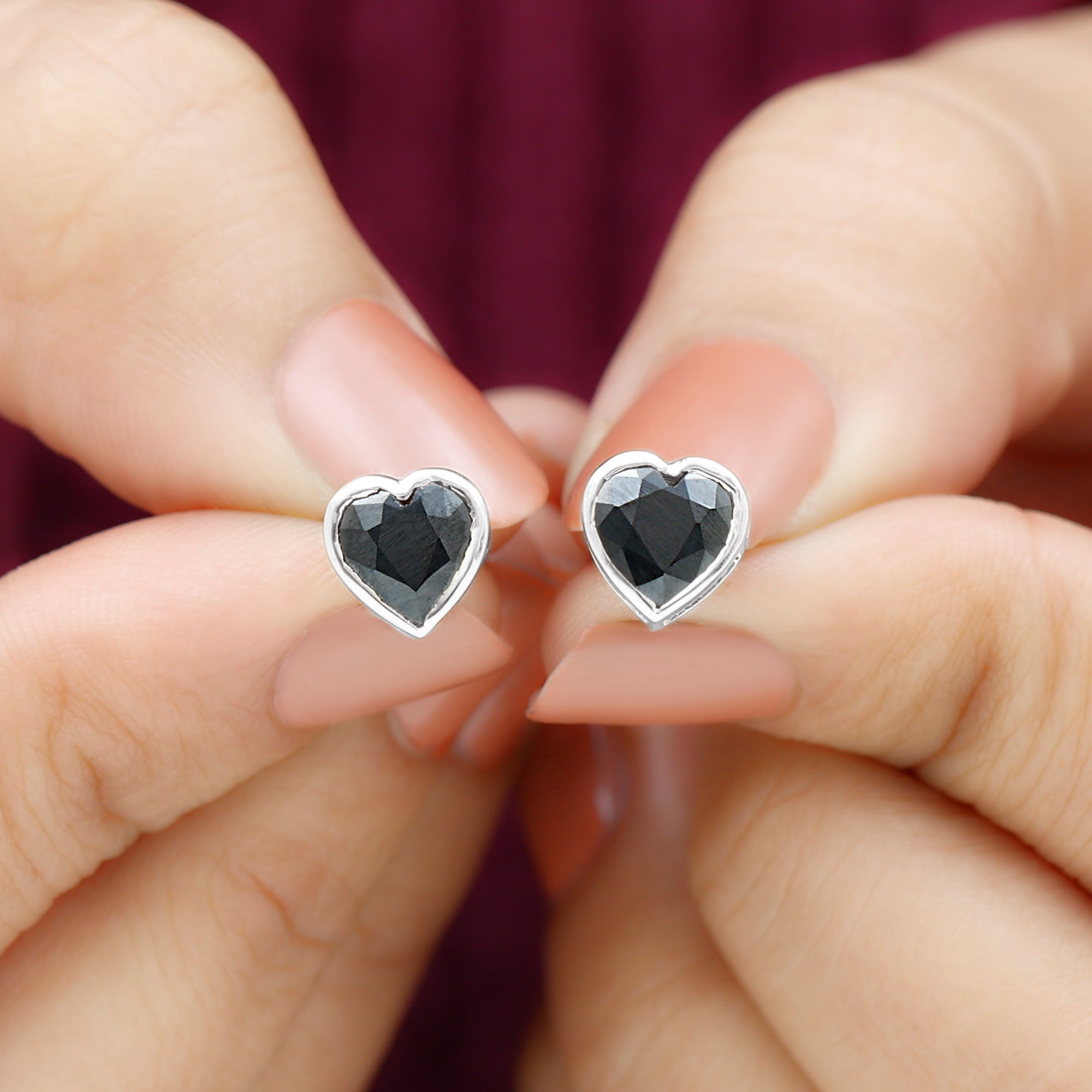 2.5 CT Bezel Set Heart Cut Black Onyx Solitaire Stud Earring in Silver Black Onyx - ( AAA ) - Quality 92.5 Sterling Silver - Rosec Jewels