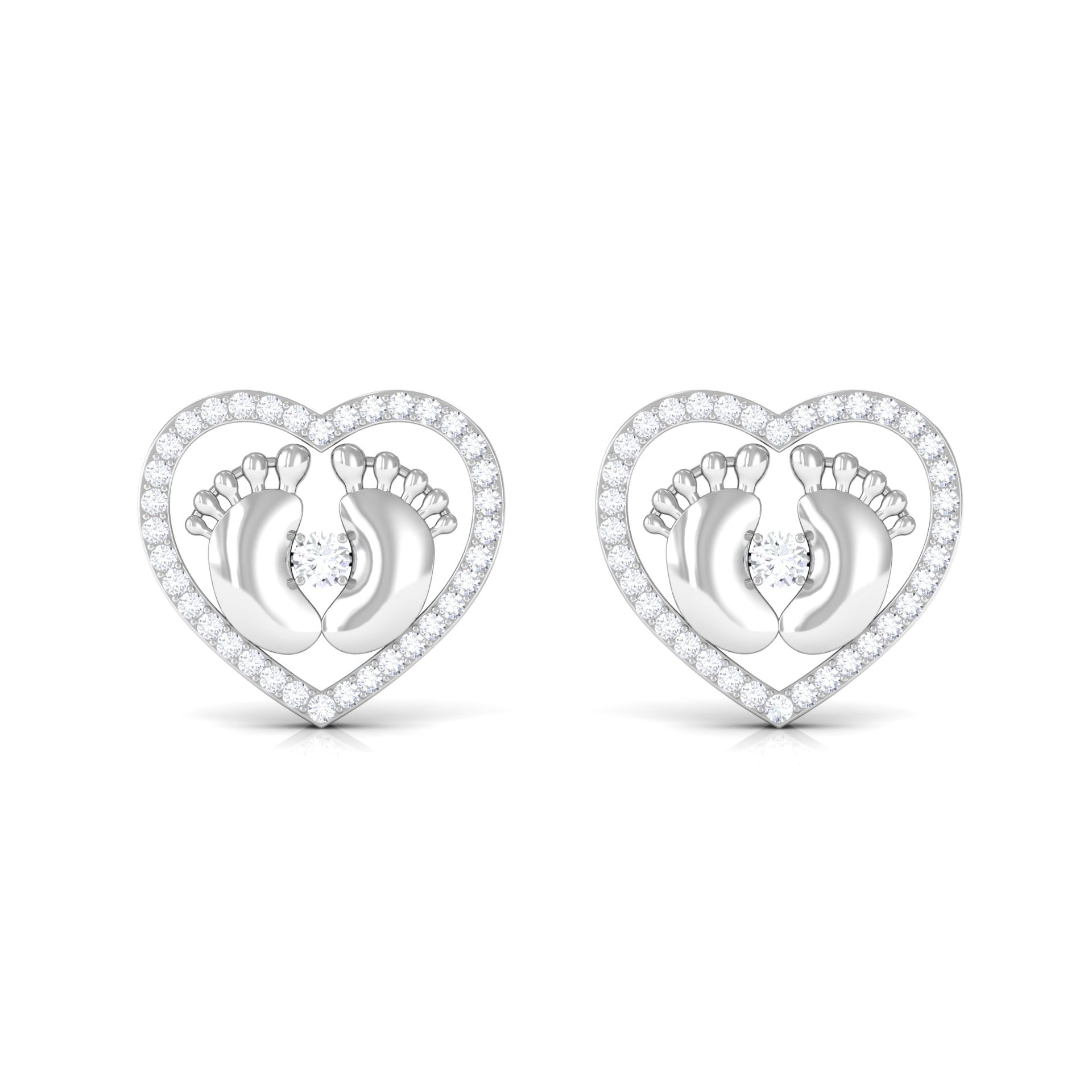 Diamond Heart Stud Earrings with Gold Baby Feet Diamond - ( HI-SI ) - Color and Clarity - Rosec Jewels