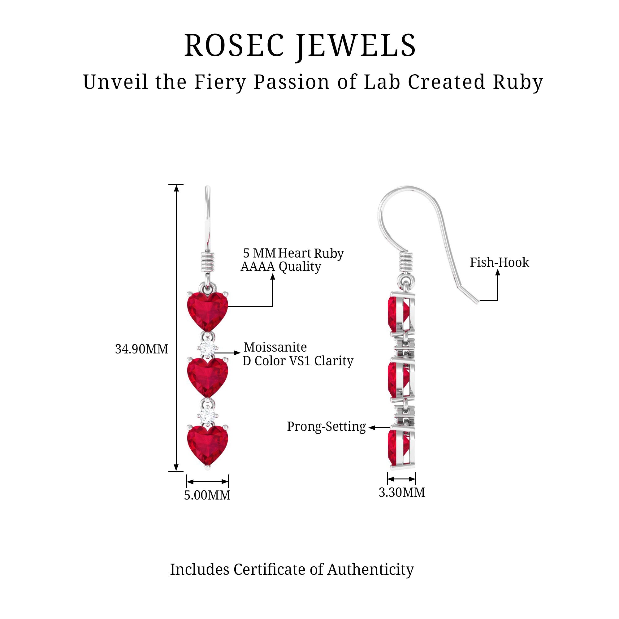 3 Heart Lab Grown Ruby Dangle Earrings with Moissanite Lab Created Ruby - ( AAAA ) - Quality - Rosec Jewels