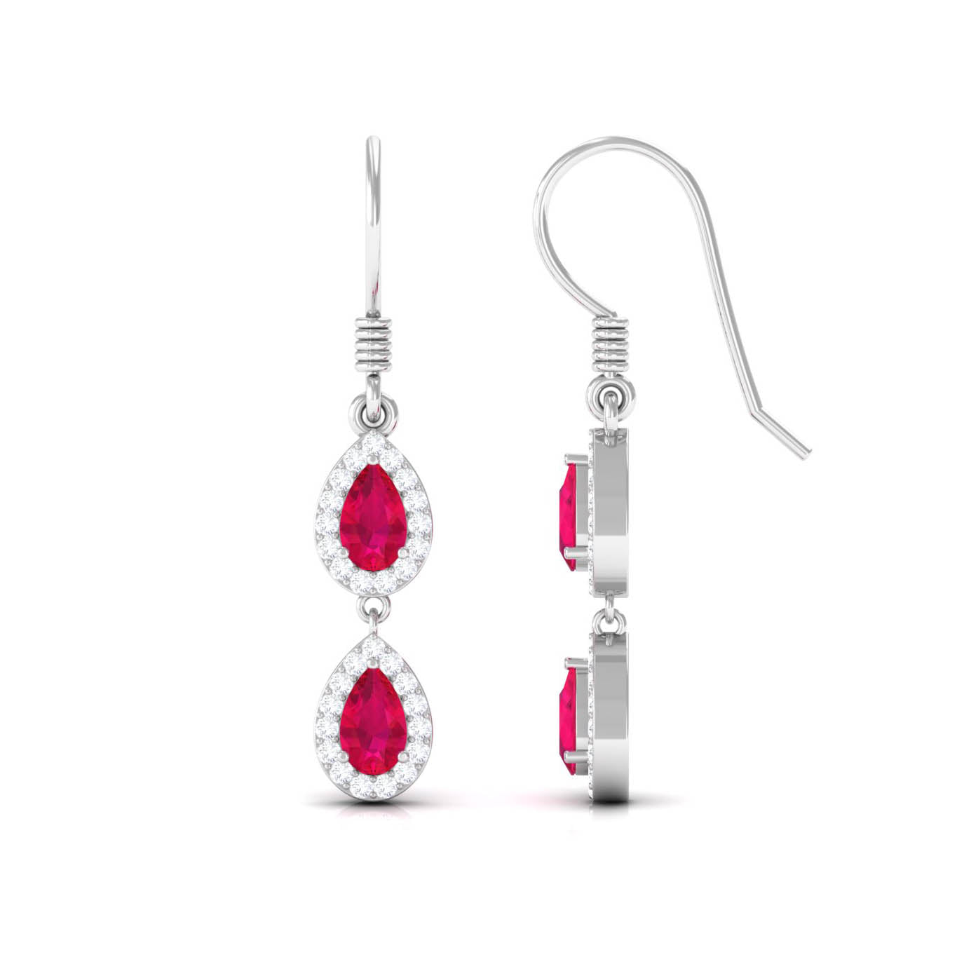 Ruby and Diamond Dangle Earrings with Fish Hook Ruby - ( AAA ) - Quality - Rosec Jewels