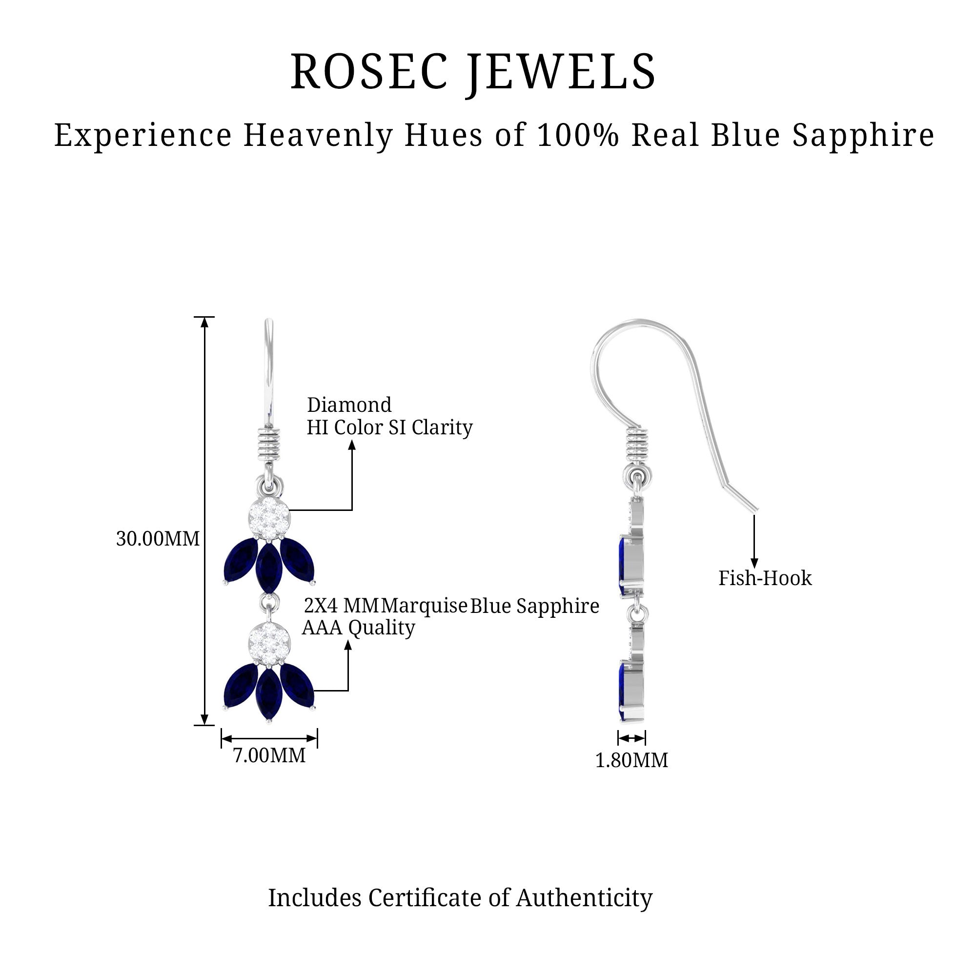 1.75 CT Blue Sapphire and Diamond Dangle Earrings Blue Sapphire - ( AAA ) - Quality - Rosec Jewels