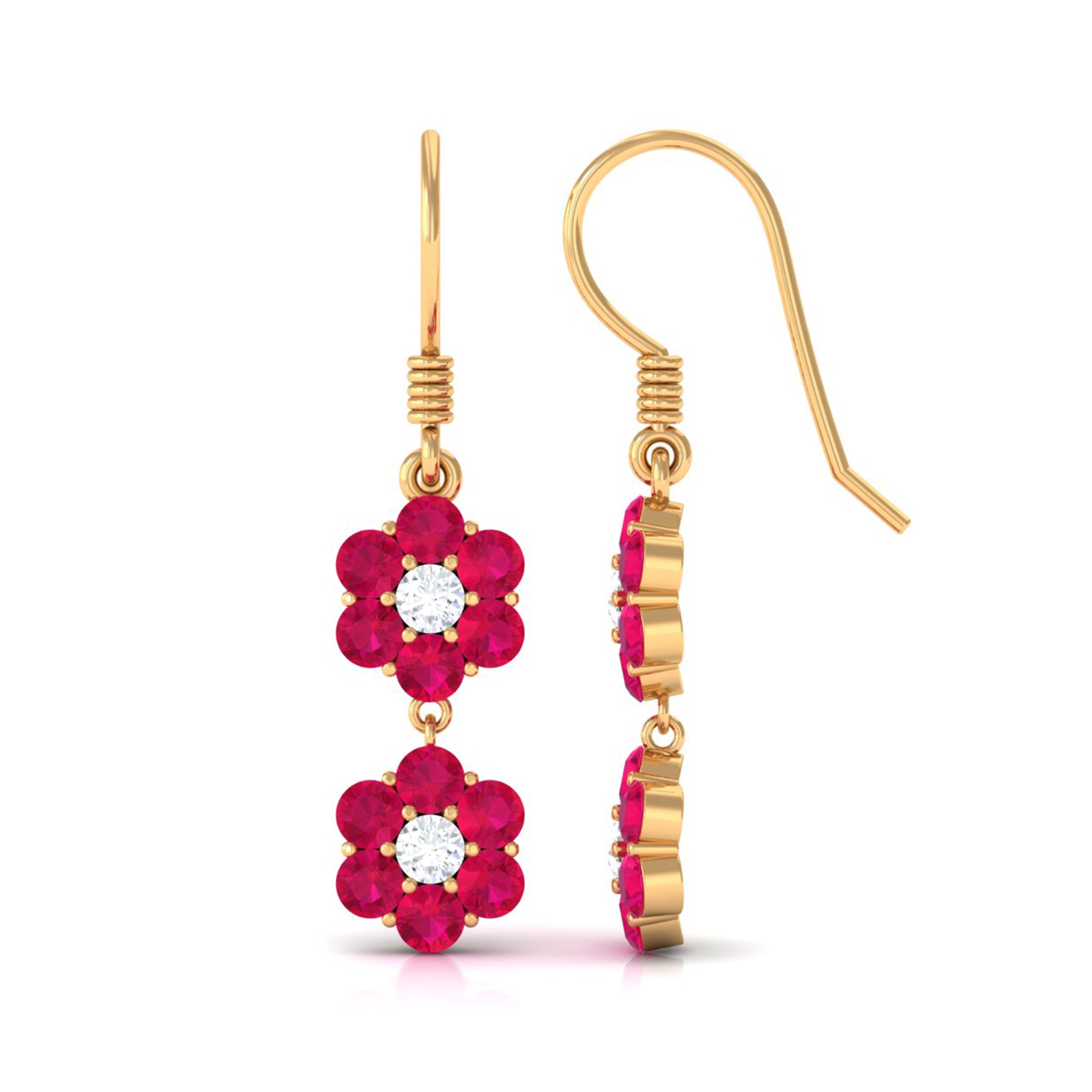 Twin Flower Dangle Earrings with Ruby and Moissanite Ruby - ( AAA ) - Quality - Rosec Jewels