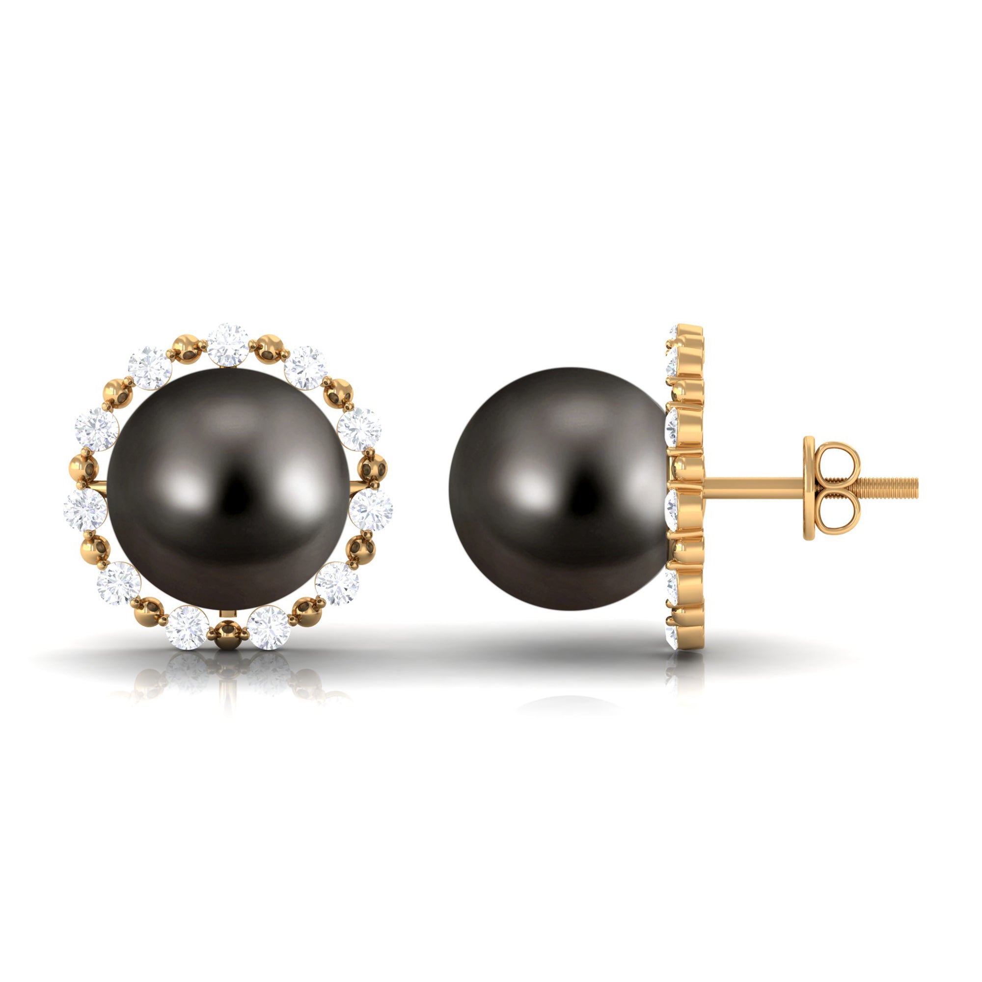 Natural Tahitian Pearl and Diamond Halo Stud Earrings Tahitian pearl - ( AAA ) - Quality - Rosec Jewels