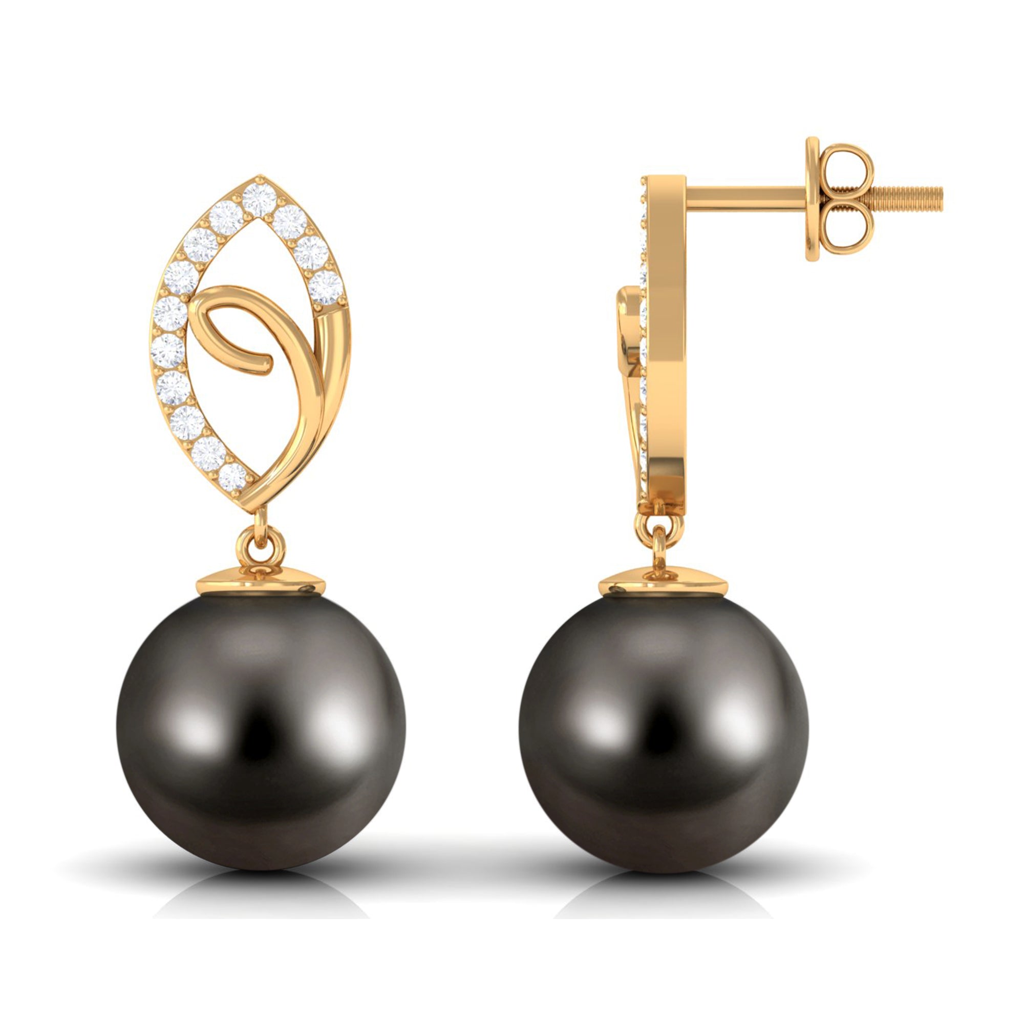 Tahitian Pearl Leaf Drop Earrings with Diamond Tahitian pearl - ( AAA ) - Quality - Rosec Jewels