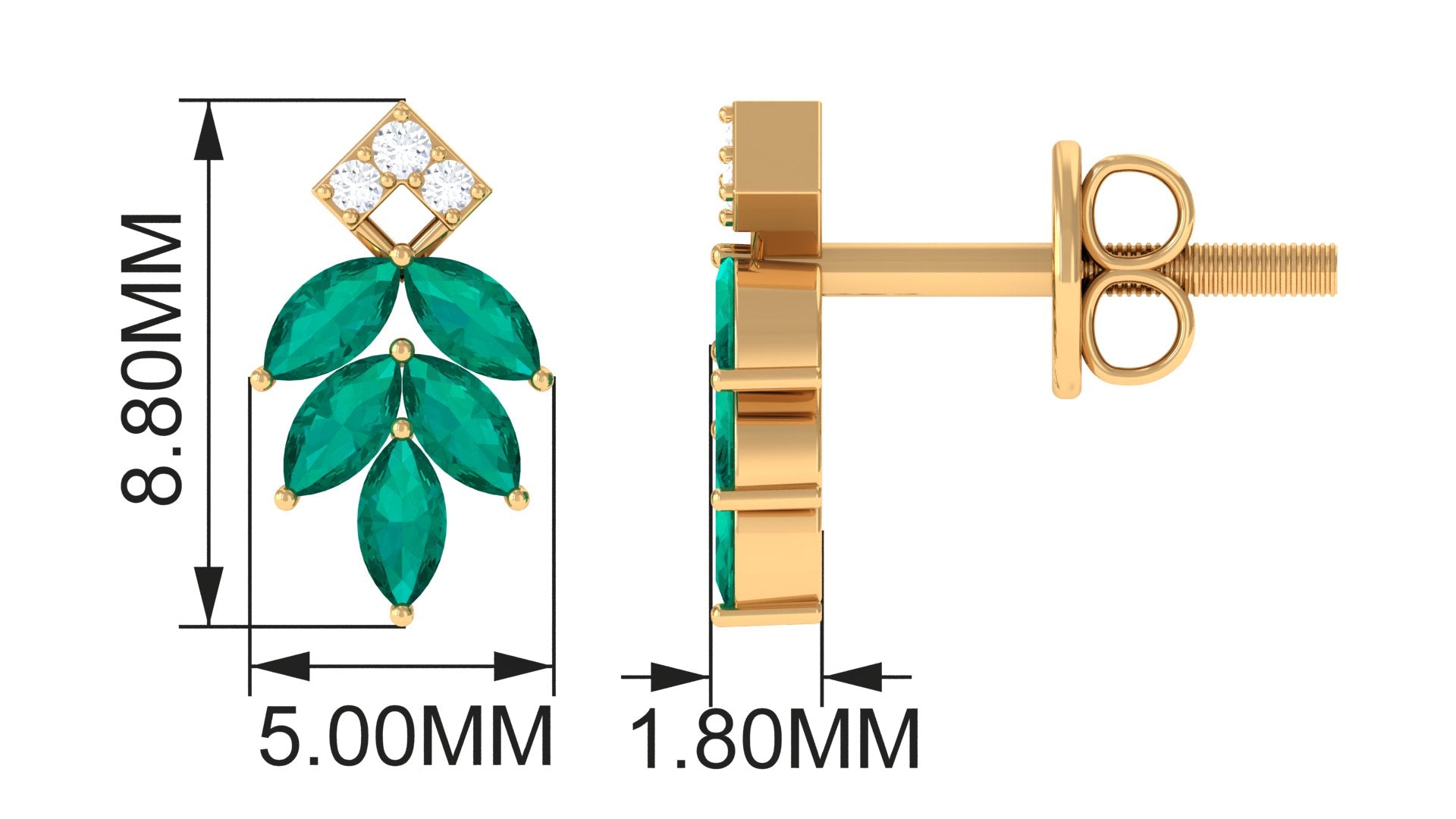 Real Emerald Leaf Stud Earrings with Moissanite Emerald - ( AAA ) - Quality - Rosec Jewels