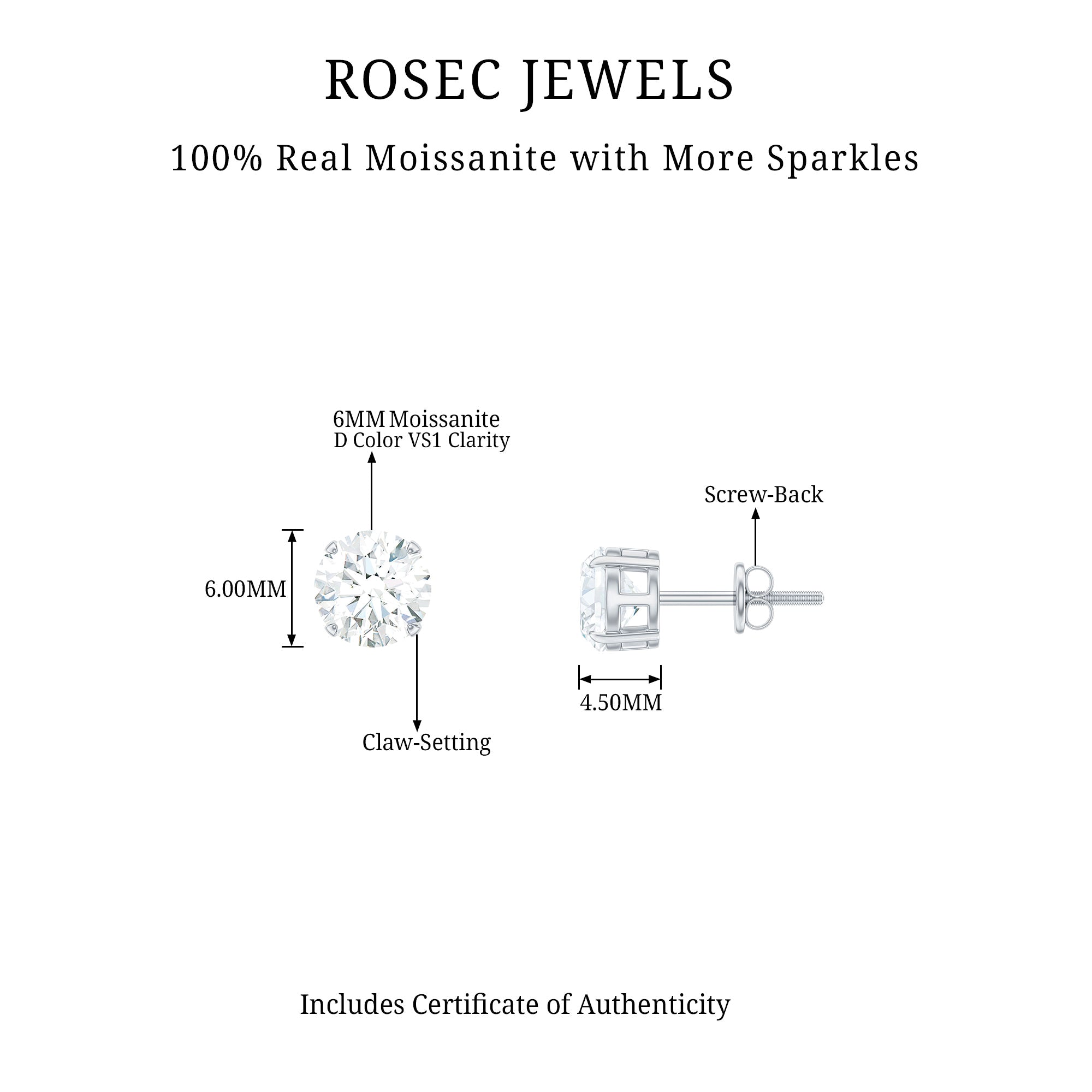 6 MM Moissanite Solitaire Stud Earrings in Silver Moissanite - ( D-VS1 ) - Color and Clarity 92.5 Sterling Silver - Rosec Jewels