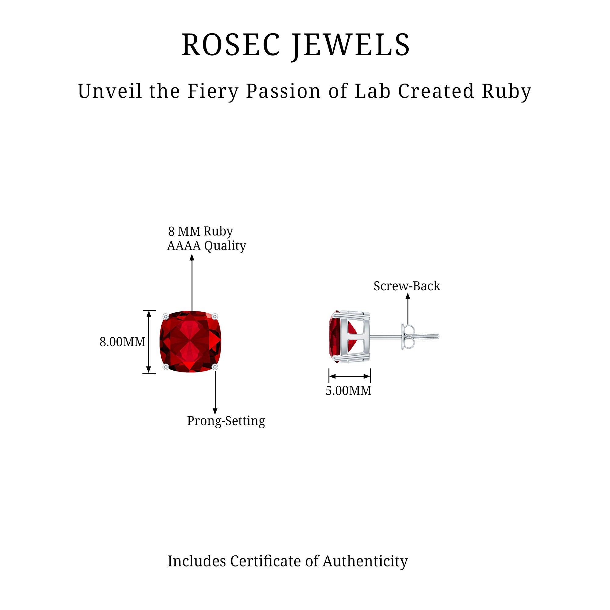 8 MM Cushion Cut Created Ruby Solitaire Stud Earrings in Silver Lab Created Ruby - ( AAAA ) - Quality 92.5 Sterling Silver - Rosec Jewels