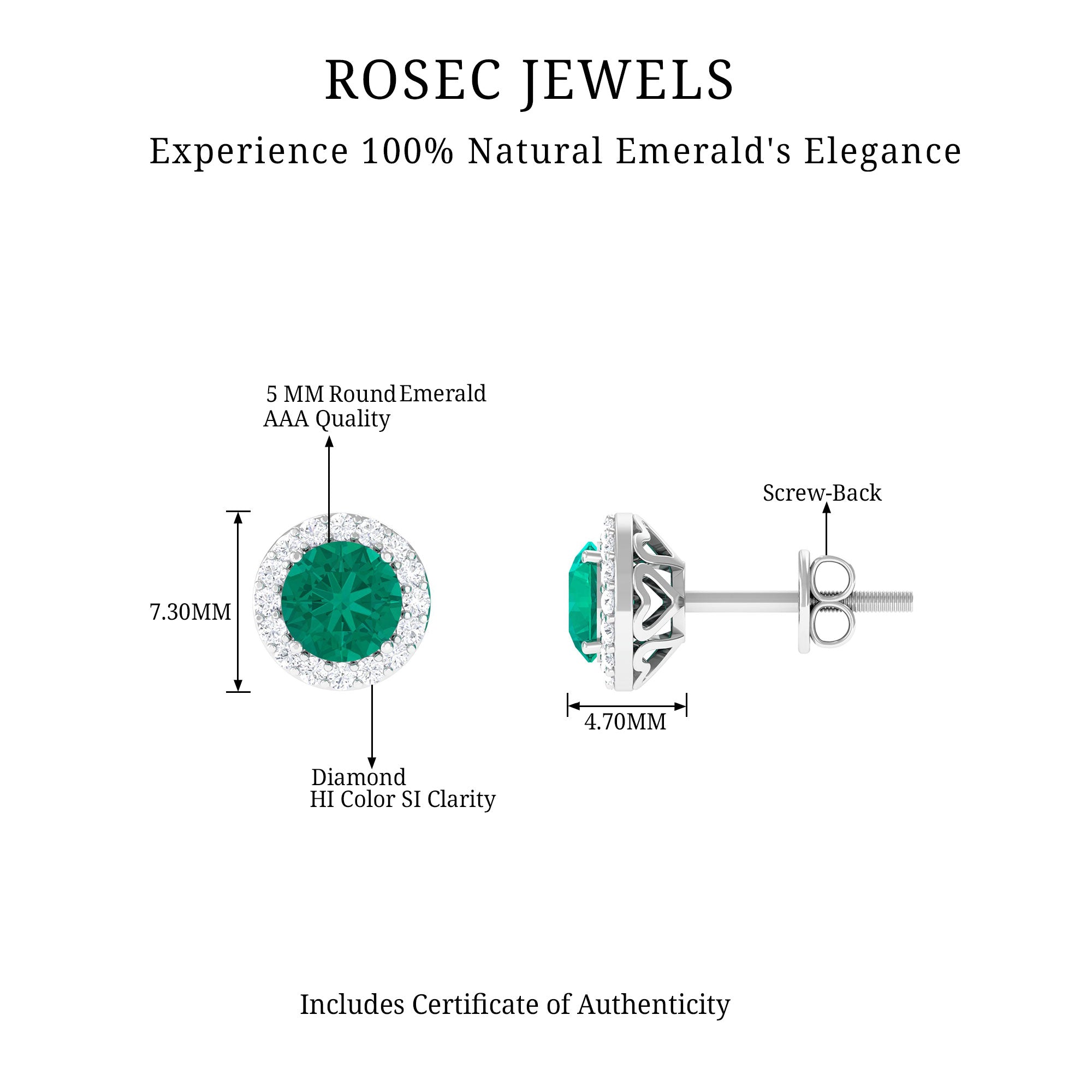 Halo Stud Earrings with Emerald and Diamond Emerald - ( AAA ) - Quality - Rosec Jewels