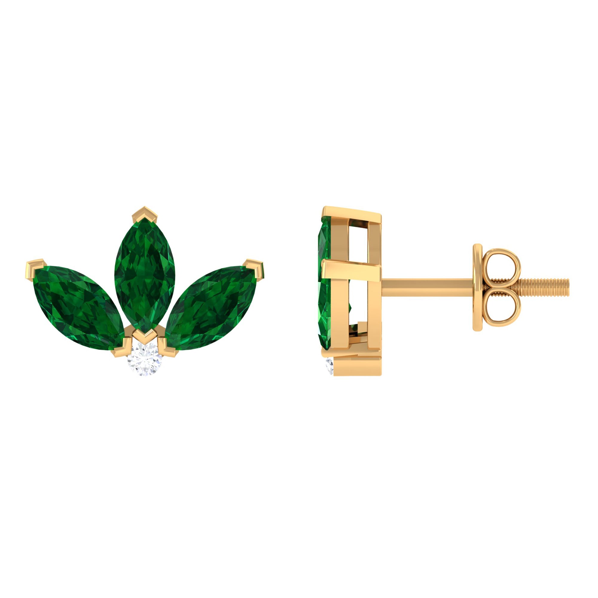 Half Flower Stud Earrings with Emerald and Diamond Emerald - ( AAA ) - Quality - Rosec Jewels