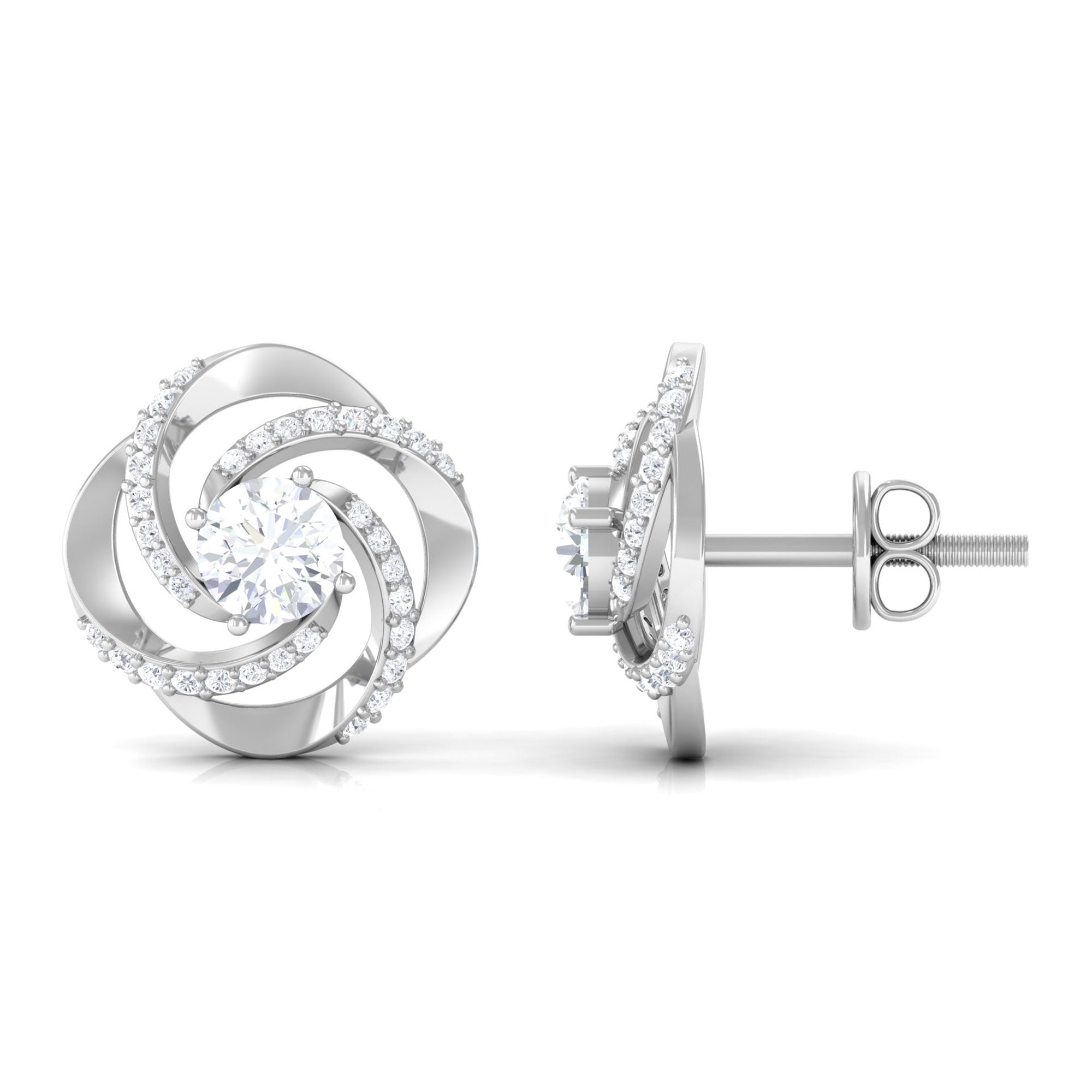 Swirl Stud Earrings Round Shape Moissanite in Prong Setting Moissanite - ( D-VS1 ) - Color and Clarity - Rosec Jewels