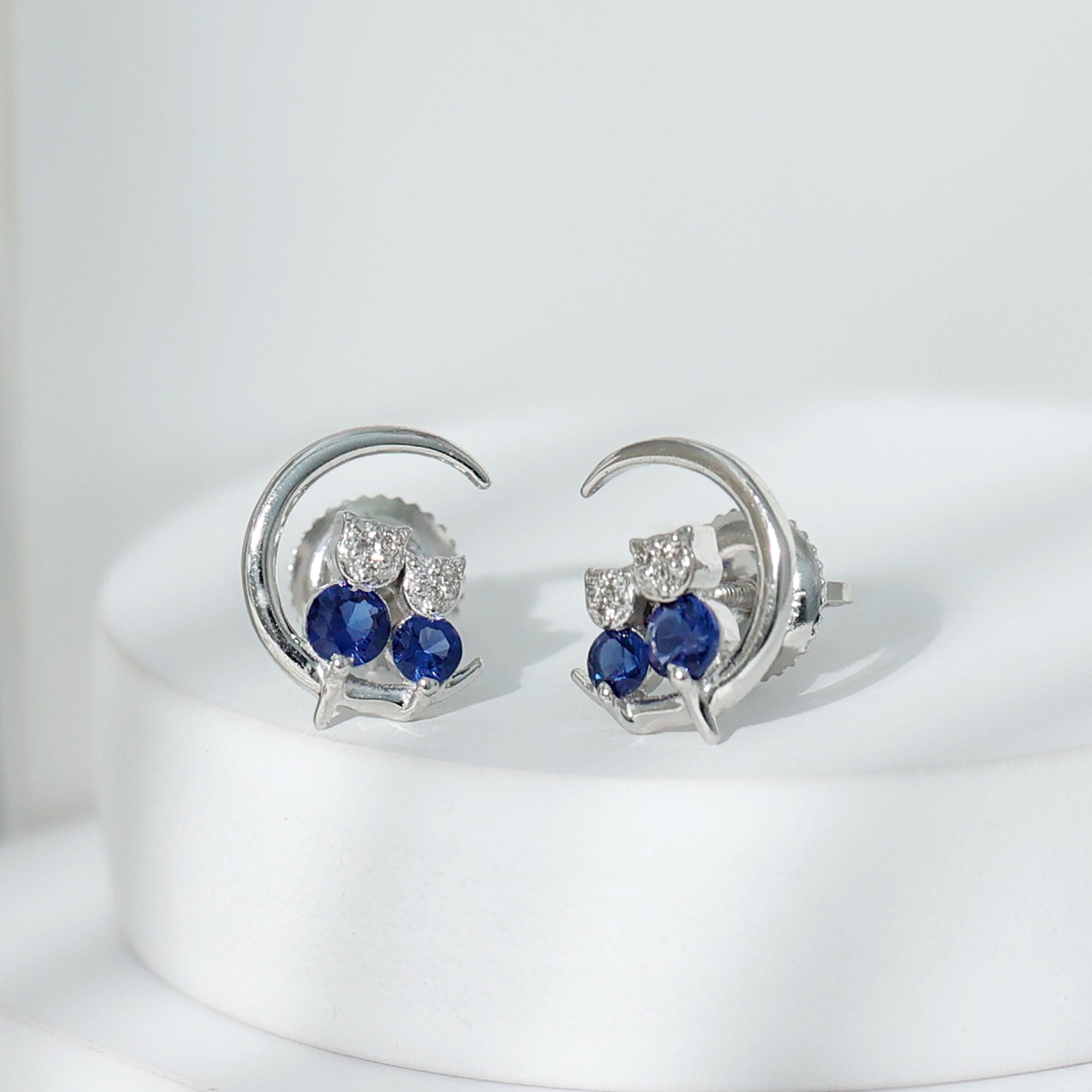 Lab Grown Blue Sapphire and Diamond Cat and Moon Stud Earrings Lab Created Blue Sapphire - ( AAAA ) - Quality - Rosec Jewels