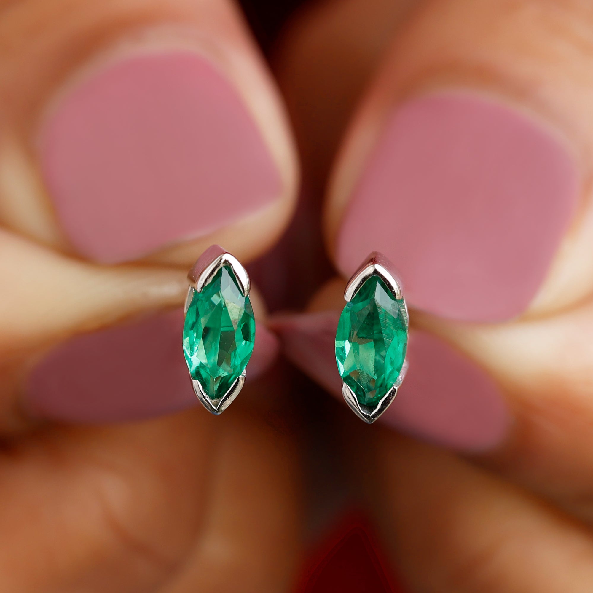 Marquise Cut Lab Grown Emerald Solitaire Stud Earrings Lab Created Emerald - ( AAAA ) - Quality - Rosec Jewels