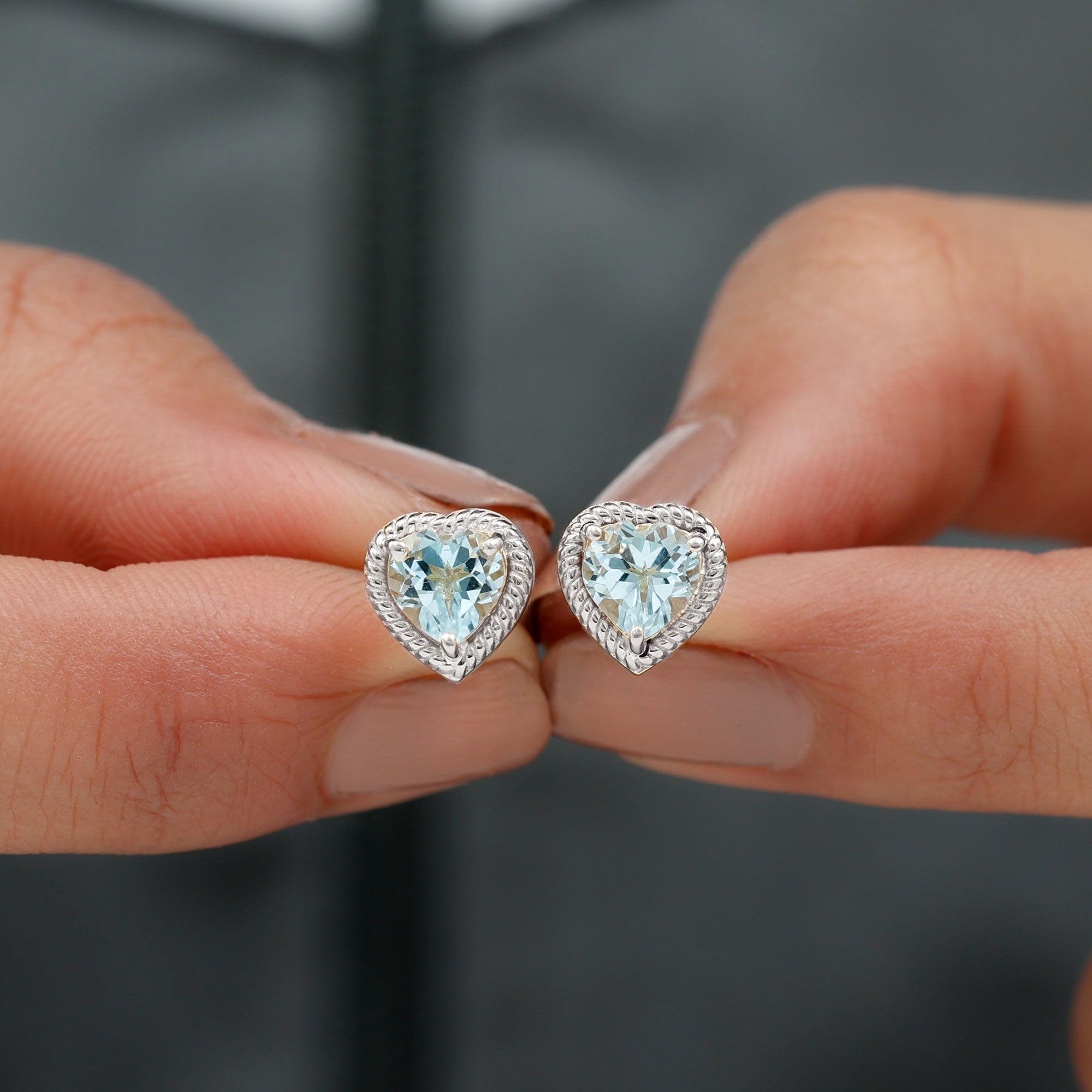 Heart Shape Sky Blue Topaz Solitaire Stud earrings with Twisted Rope Frame Sky Blue Topaz - ( AAA ) - Quality - Rosec Jewels