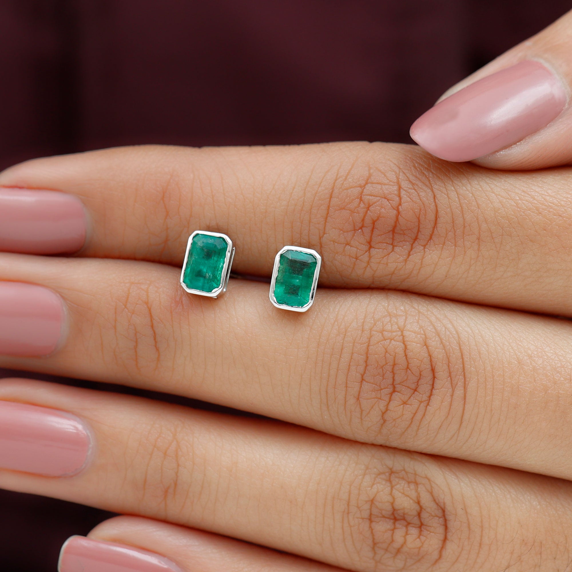 Octagon Cut Emerald Solitaire Stud Earrings in Bezel Setting Emerald - ( AAA ) - Quality - Rosec Jewels