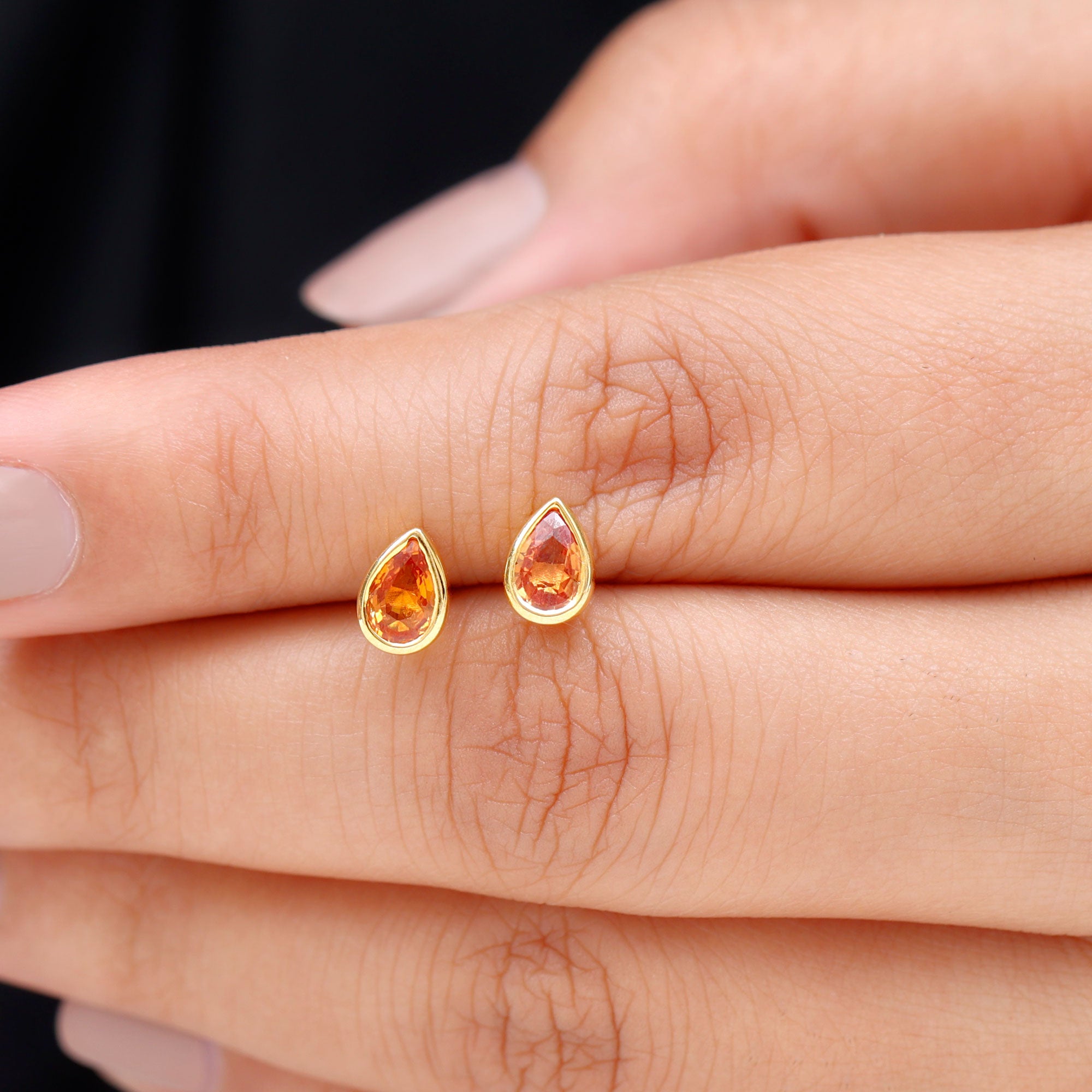 4X6 MM Pear Cut Orange Sapphire Solitaire Stud Earrings in Bezel Setting Orange Sapphire - ( AAA ) - Quality - Rosec Jewels