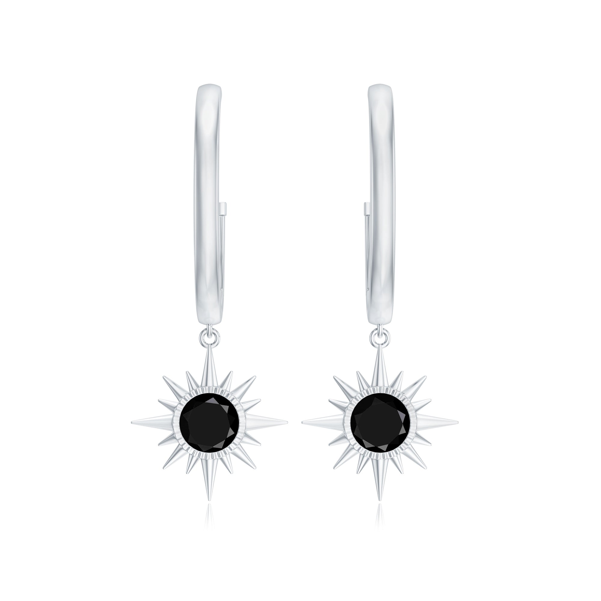 Round Created Black Diamond Sunburst Hoop Drop Earrings in Bezel Setting Lab Created Black Diamond - ( AAAA ) - Quality - Rosec Jewels