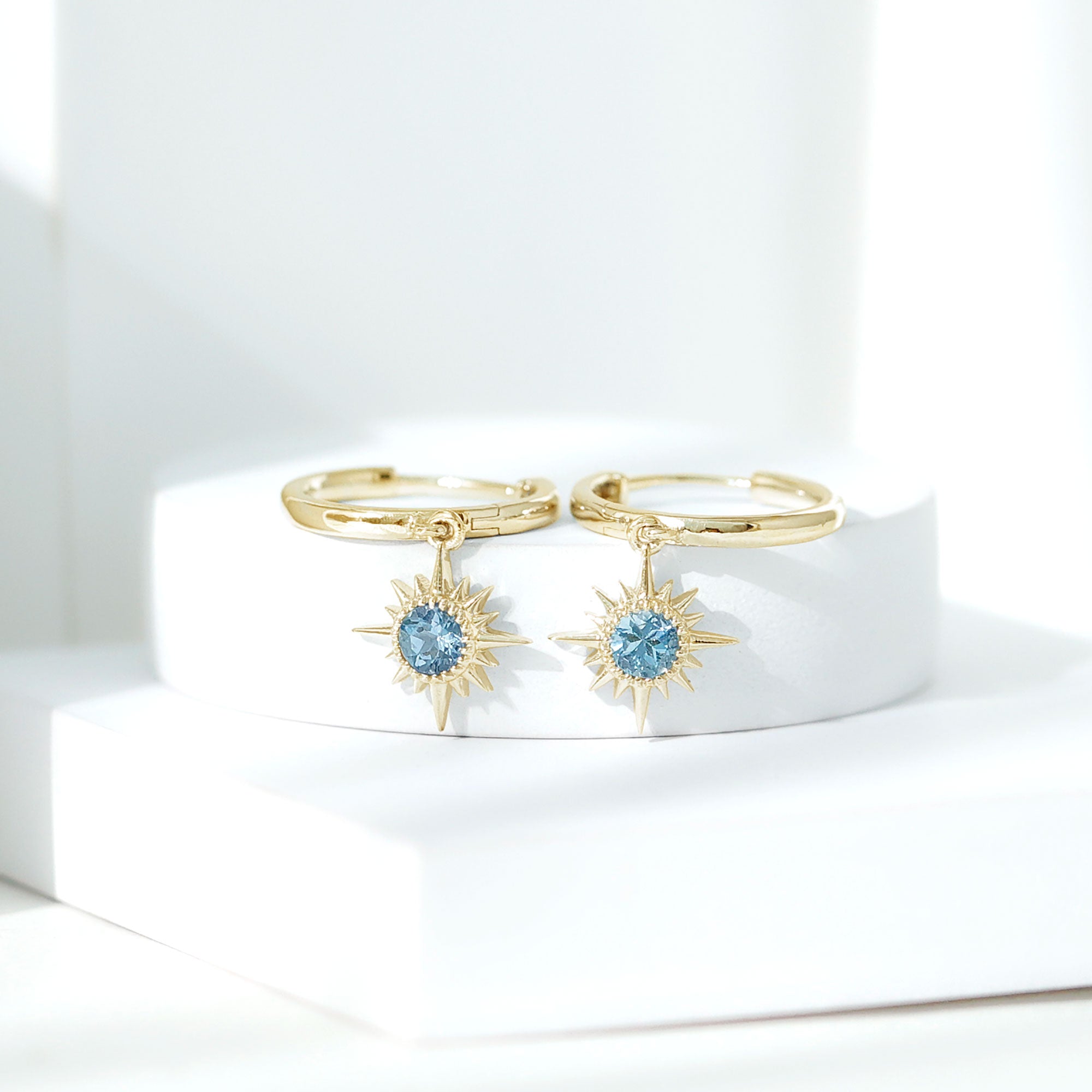 4 MM Round Shape Aquamarine and Gold Sunburst Hoop Drop Earrings For Women Aquamarine - ( AAA ) - Quality - Rosec Jewels