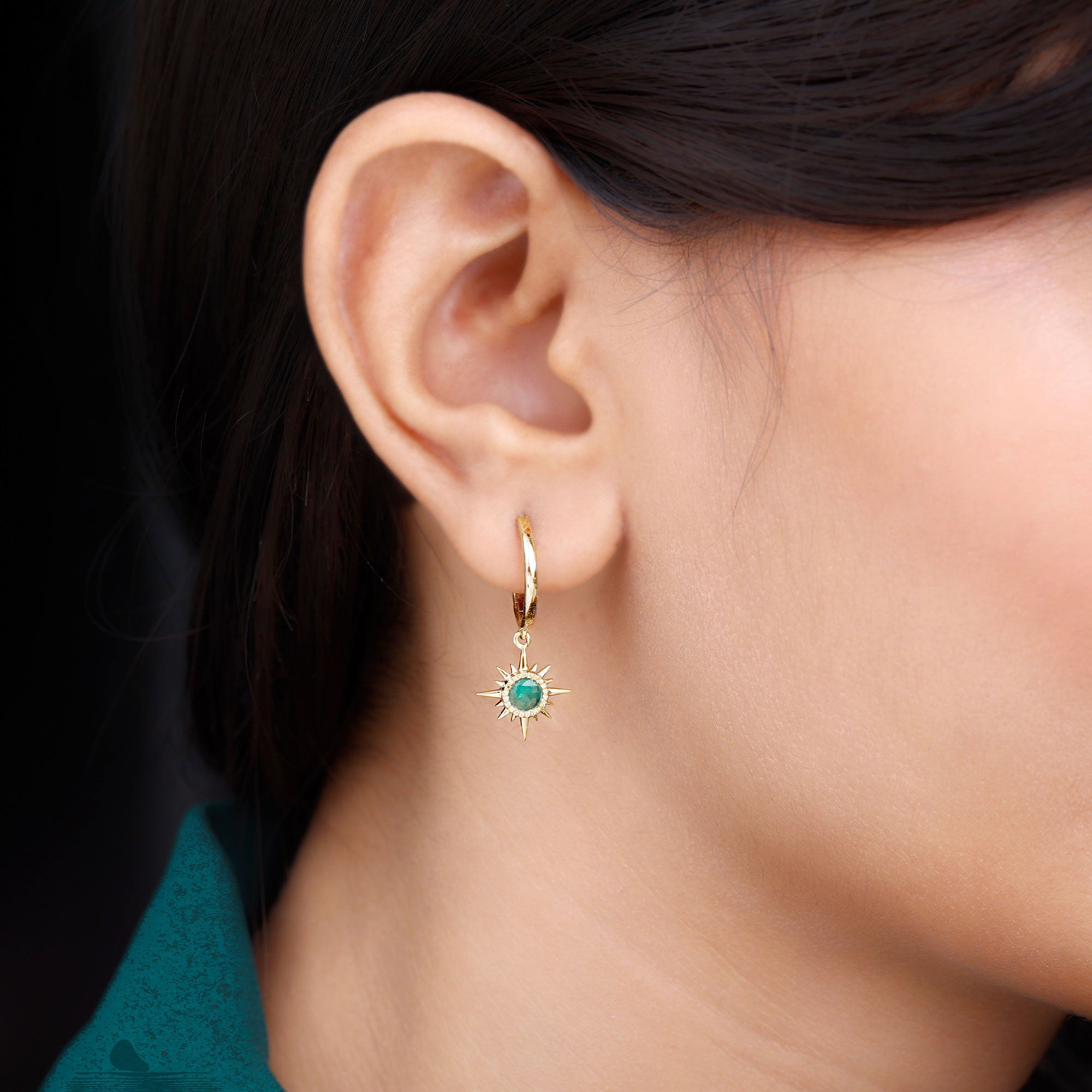 Milgrain Bezel Set Emerald Sunburst Hoop Drop Earrings Emerald - ( AAA ) - Quality - Rosec Jewels