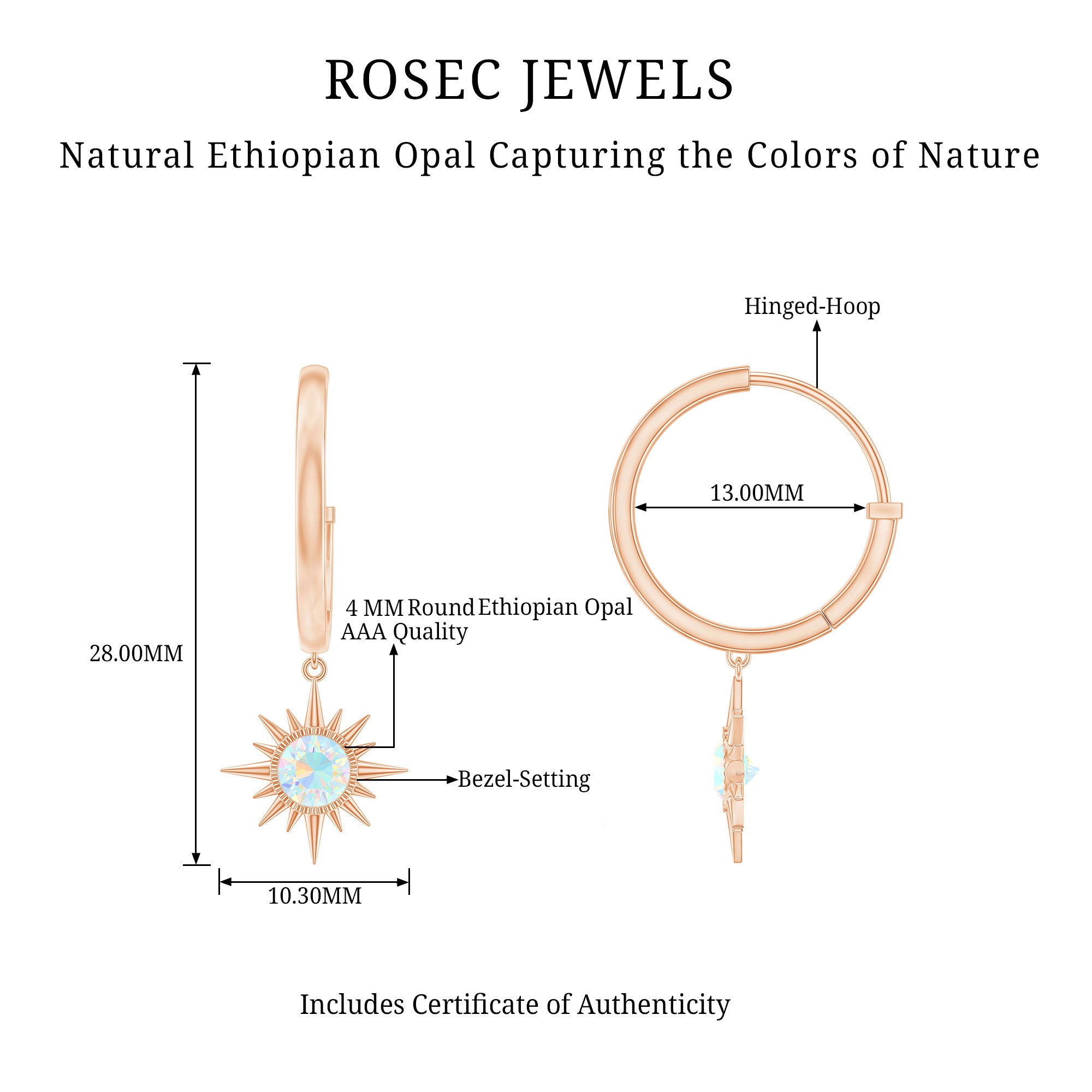 4 MM Round Shape Ethiopian Opal and Gold Sunburst Hoop Drop Earrings For Women Ethiopian Opal - ( AAA ) - Quality - Rosec Jewels