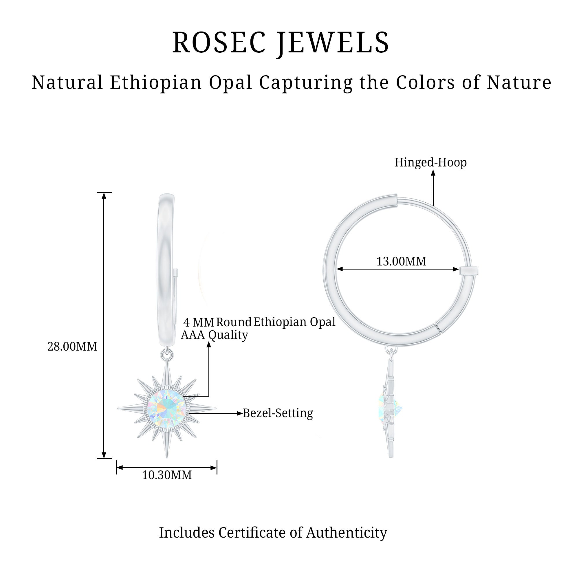 4 MM Round Shape Ethiopian Opal and Gold Sunburst Hoop Drop Earrings For Women Ethiopian Opal - ( AAA ) - Quality - Rosec Jewels