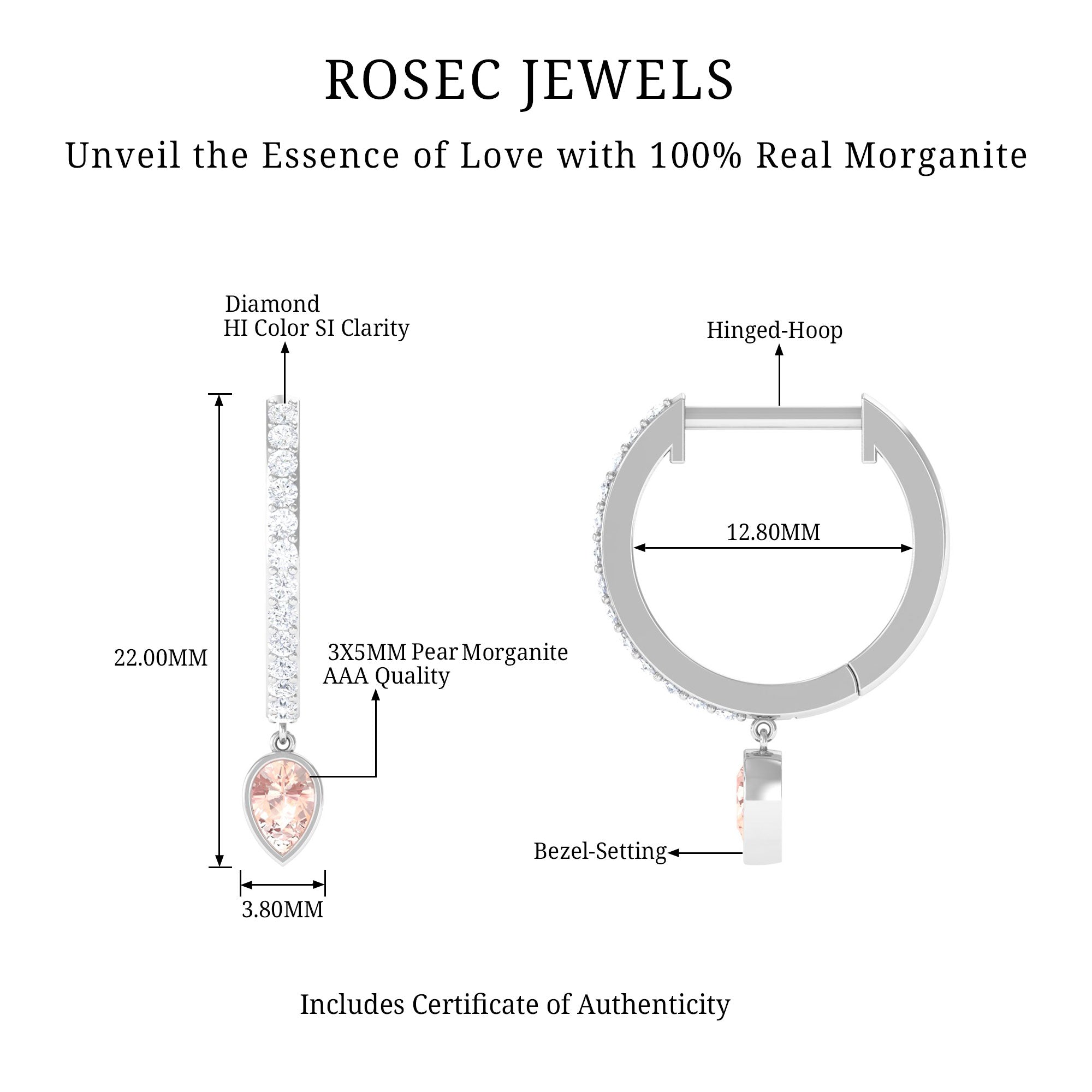 1/4 CT Minimal Morganite Drop Hinged Hoop Earrings with Diamond Accent Morganite - ( AAA ) - Quality - Rosec Jewels